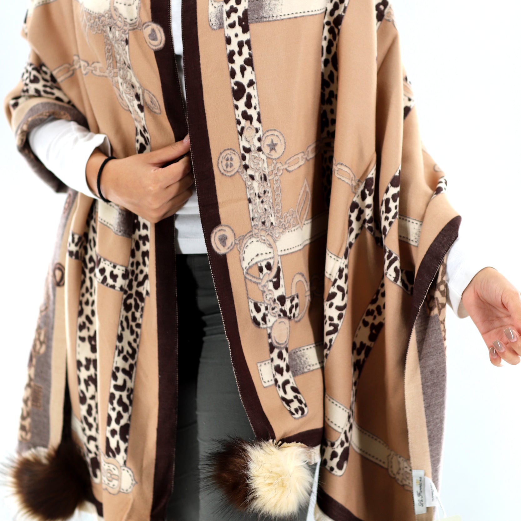 La Fiorentina | Stylized Wrap with FAUX Poms - Brown/Camel - Clothing Accessories - La Fiorentina TINA59-2106_brwncml