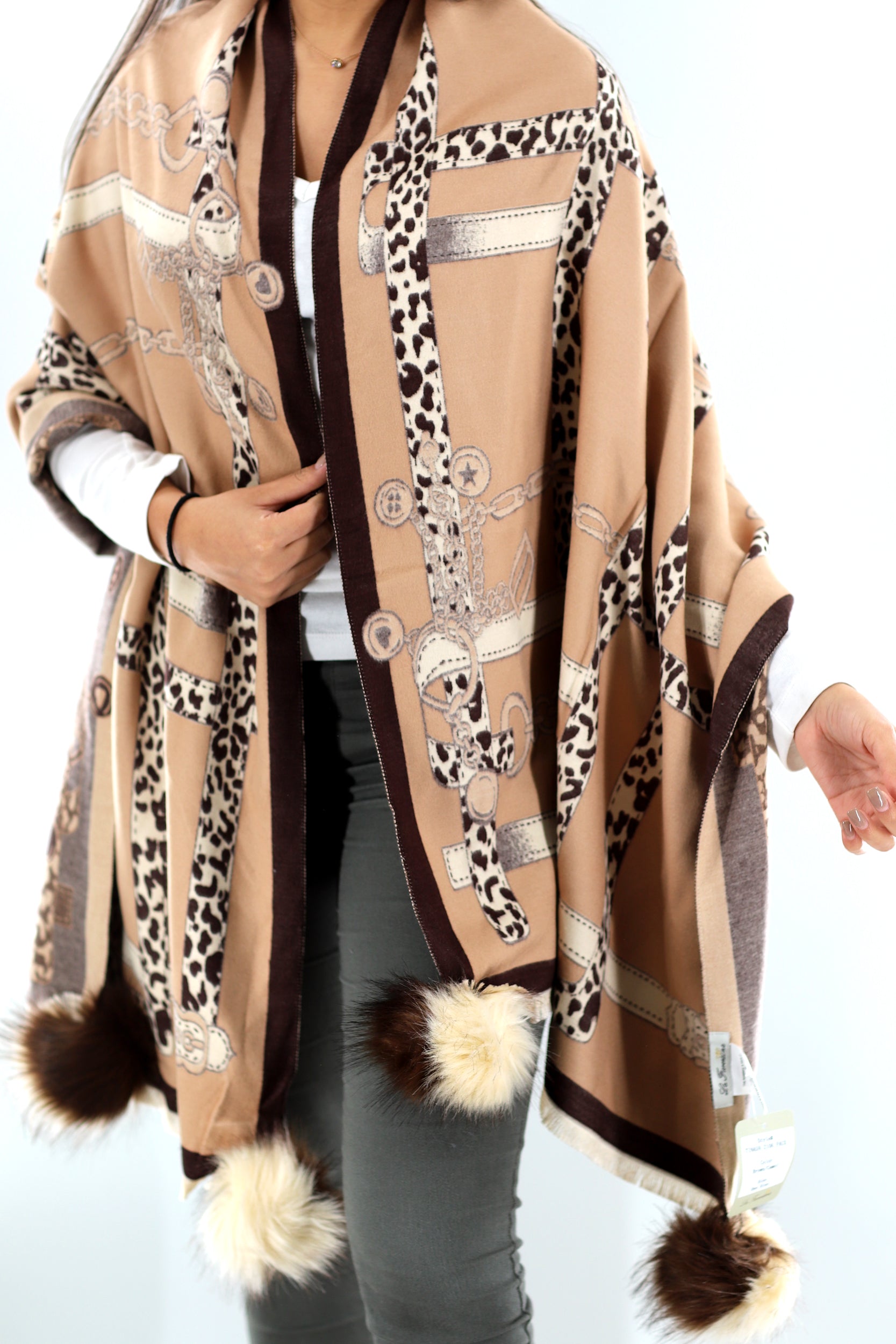 La Fiorentina | Stylized Wrap with FAUX Poms - Brown/Camel - Clothing Accessories - La Fiorentina TINA59-2106_brwncml