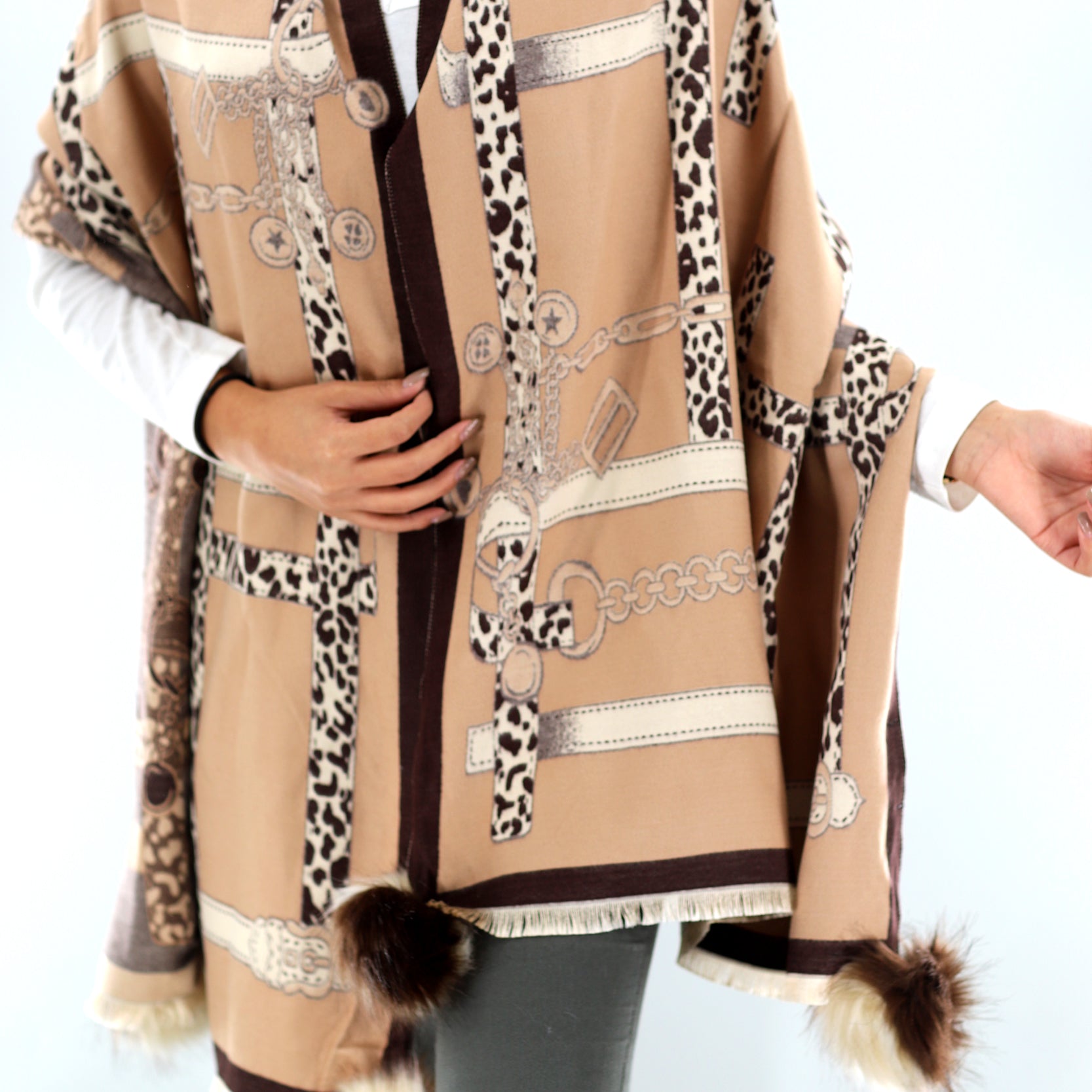 La Fiorentina | Stylized Wrap with FAUX Poms - Brown/Camel - Clothing Accessories - La Fiorentina TINA59-2106_brwncml