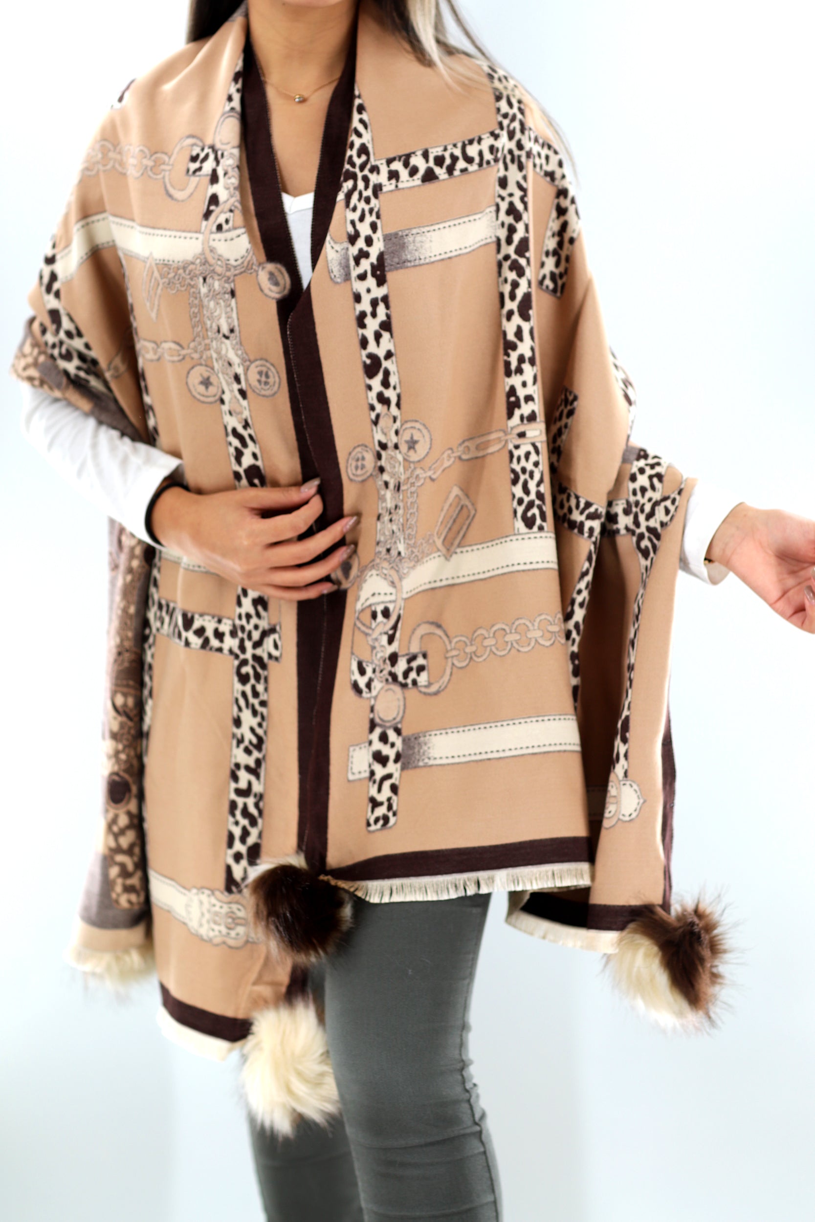 La Fiorentina | Stylized Wrap with FAUX Poms - Brown/Camel - Clothing Accessories - La Fiorentina TINA59-2106_brwncml