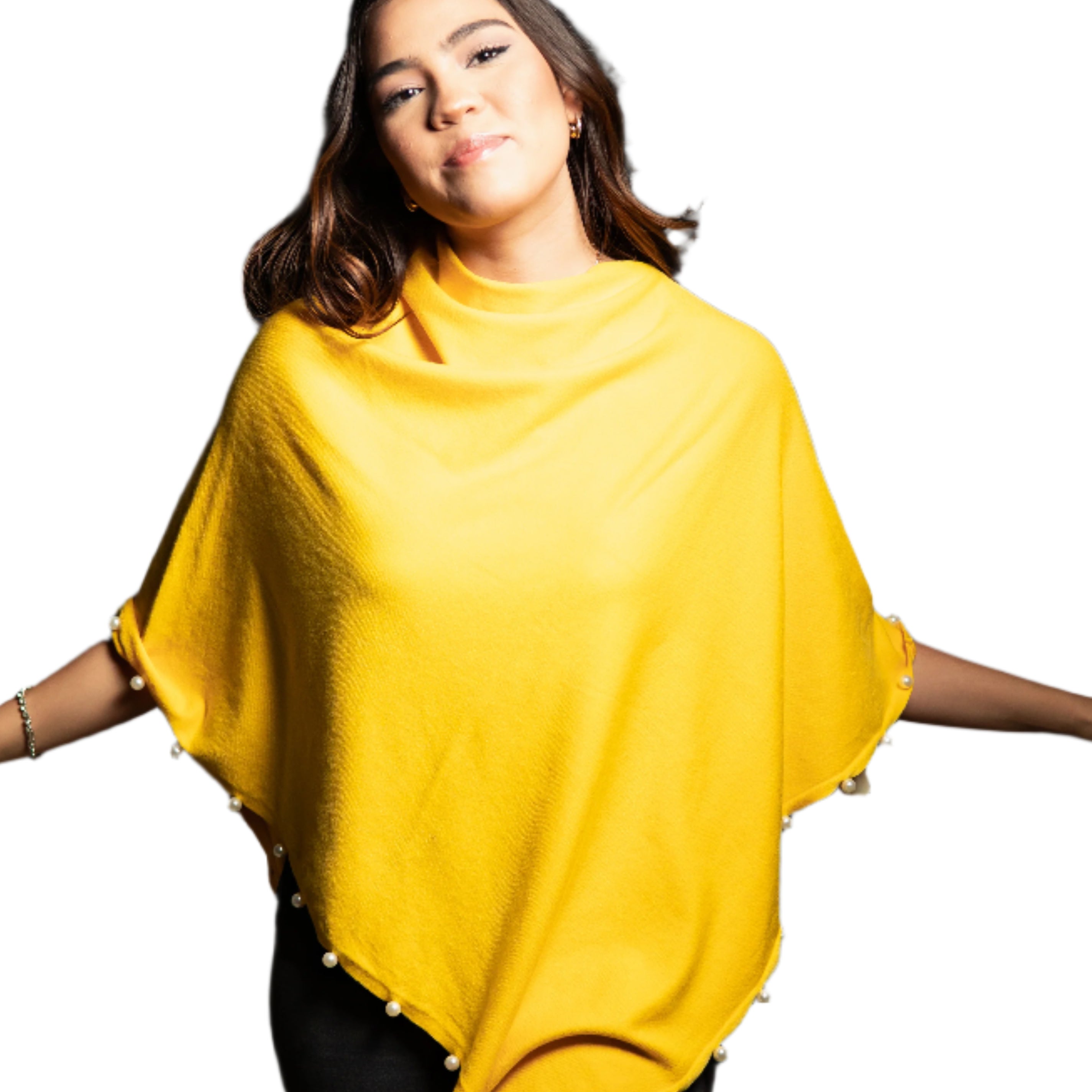 Lightweight Knitted Poncho with Pearl Trim Border - Poncho - La Fiorentina,Yellow BE234_YELLOW