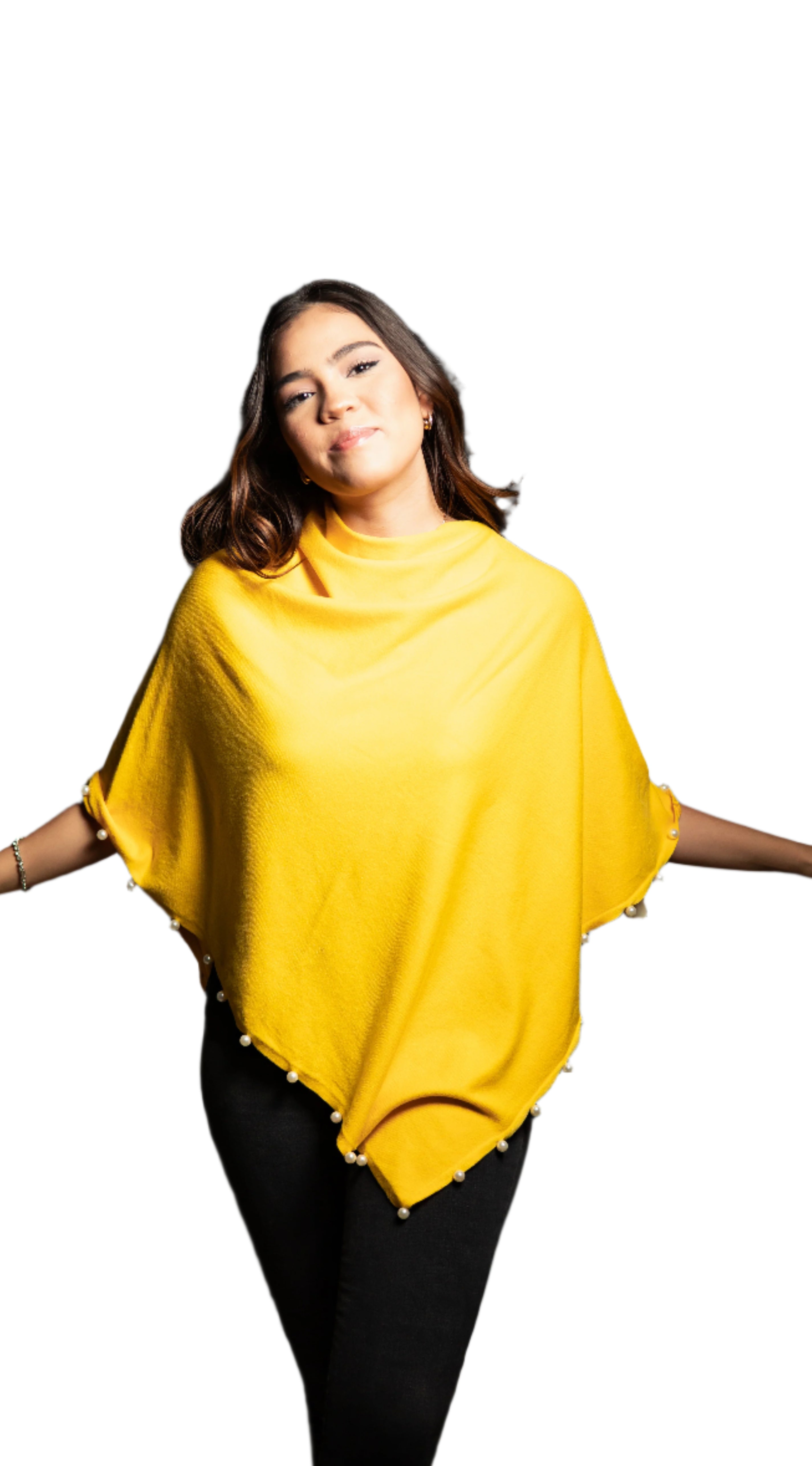 Lightweight Knitted Poncho with Pearl Trim Border - Poncho - La Fiorentina,Yellow BE234_YELLOW