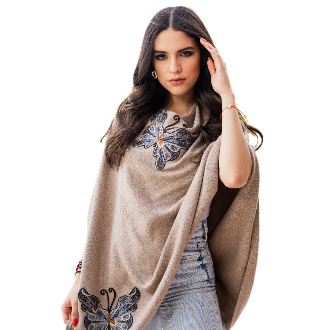 Knitted Poncho with Butterfly Embroidery - Poncho - La Fiorentina, Oatmeal TNK2204_LBLUE