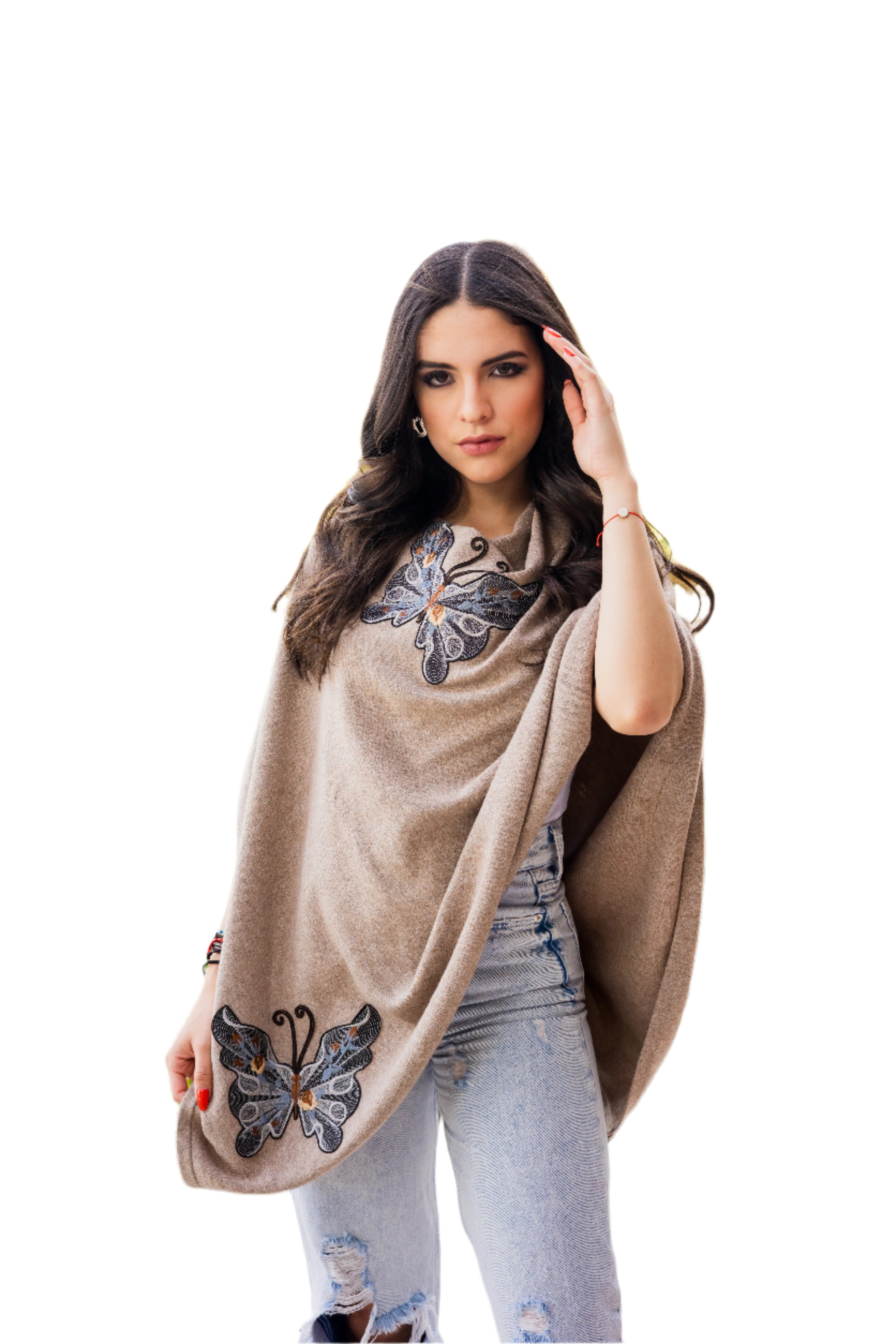 Knitted Poncho with Butterfly Embroidery - Poncho - La Fiorentina, Oatmeal TNK2204_LBLUE