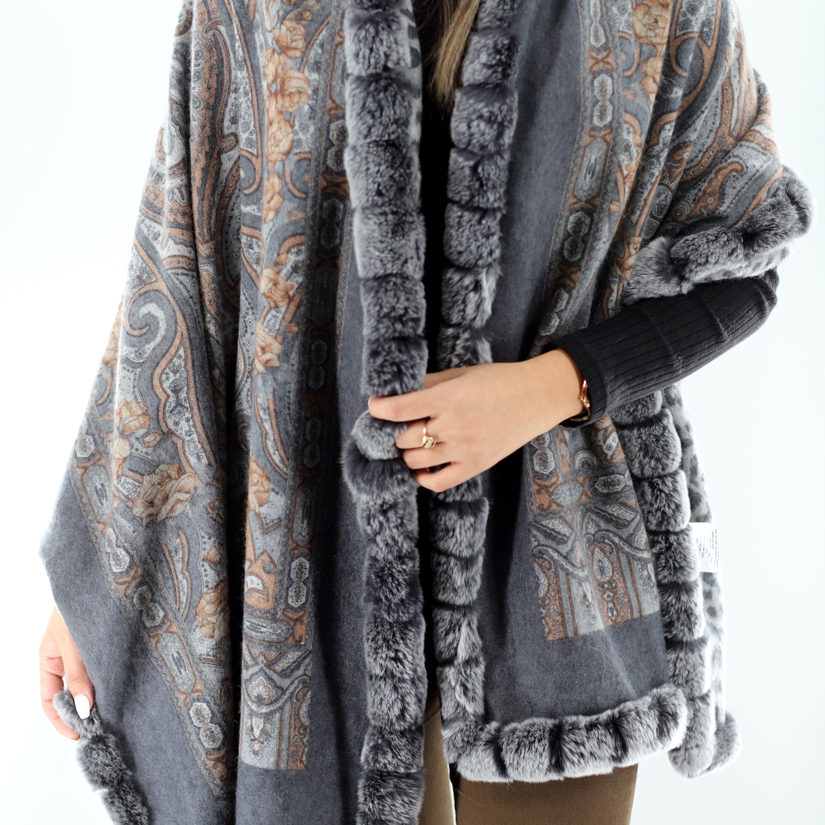 Reversible Cashmere Wrap with Rex Rabbit Trim - Grey - Clothing Accessories - La Fiorentina CASHRF-801