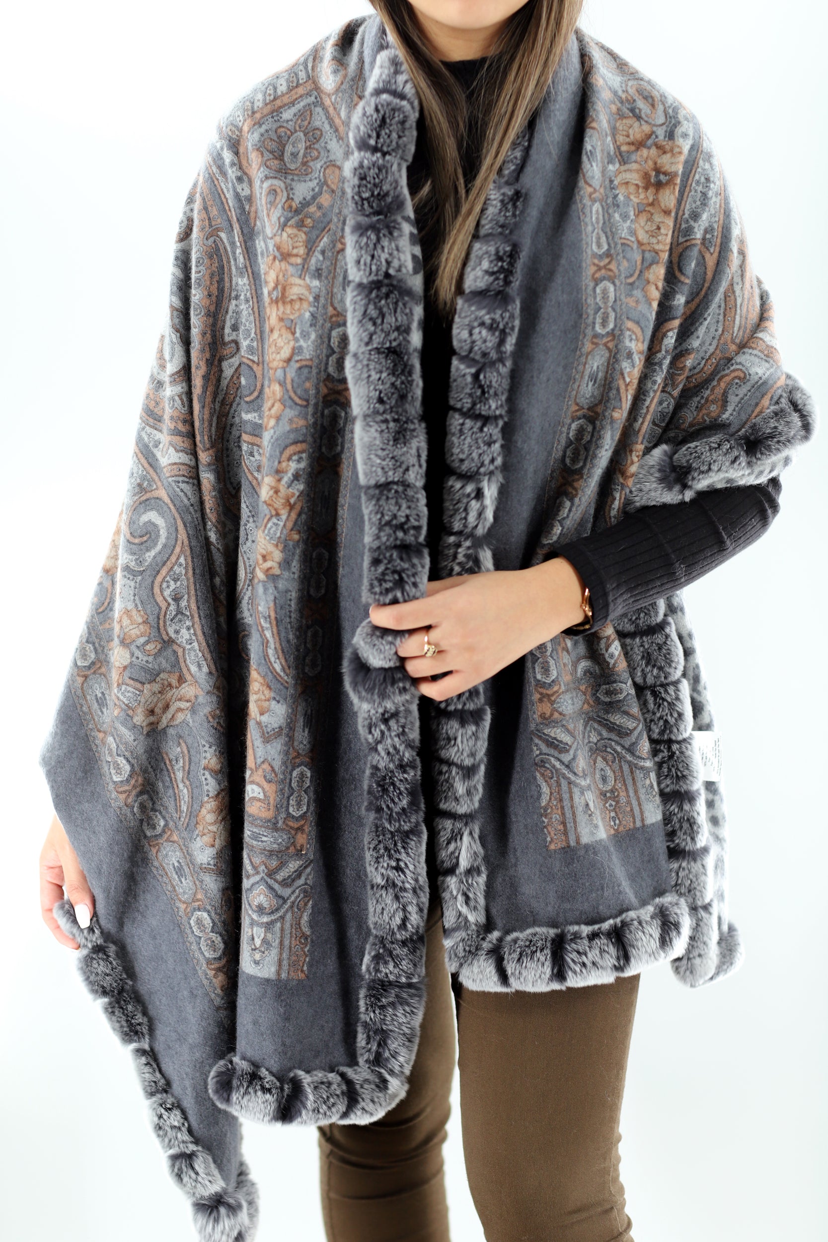 Reversible Cashmere Wrap with Rex Rabbit Trim - Grey - Clothing Accessories - La Fiorentina CASHRF-801