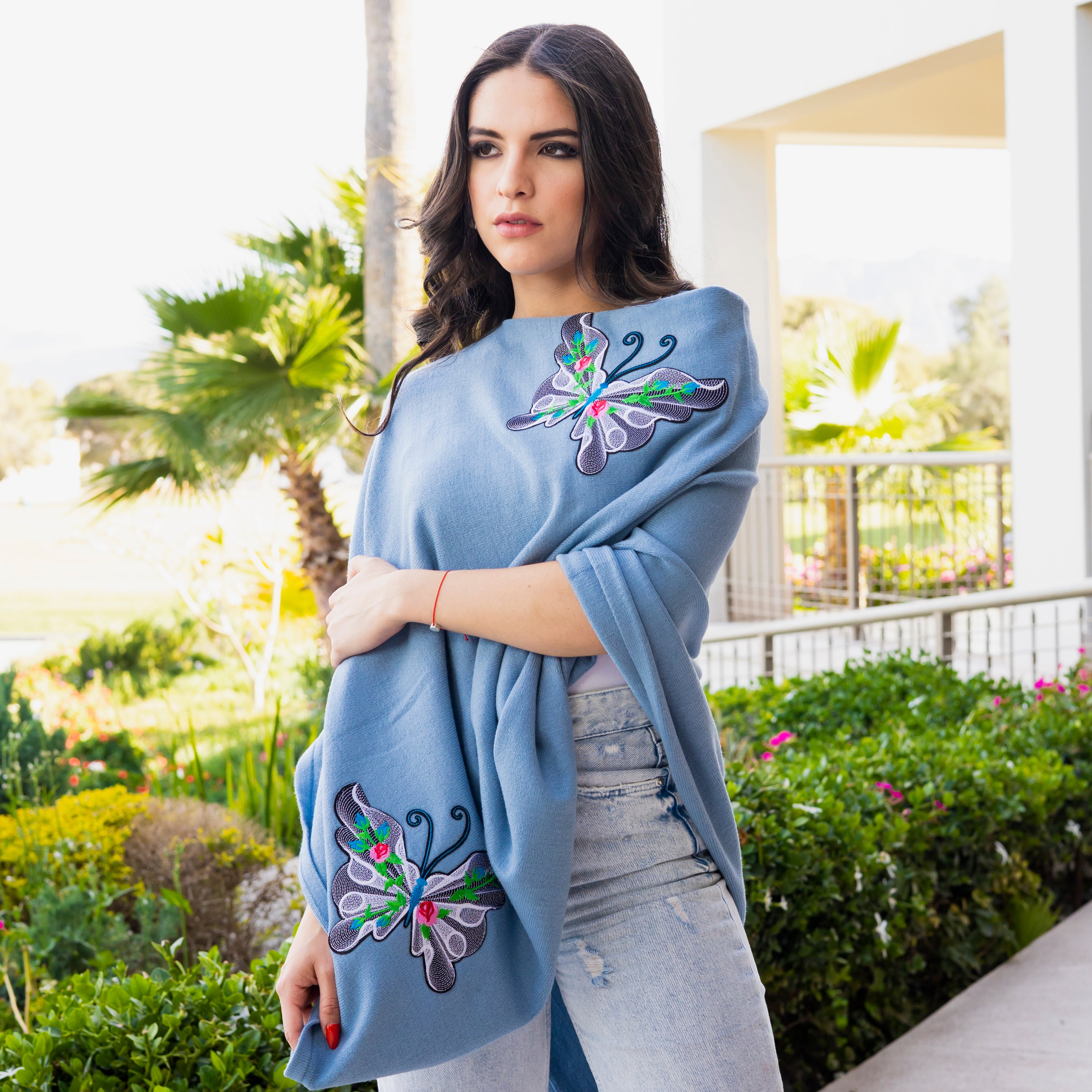 Knitted Poncho with Butterfly Embroidery - Poncho - La Fiorentina, Light Blue TNK2204_GREEN