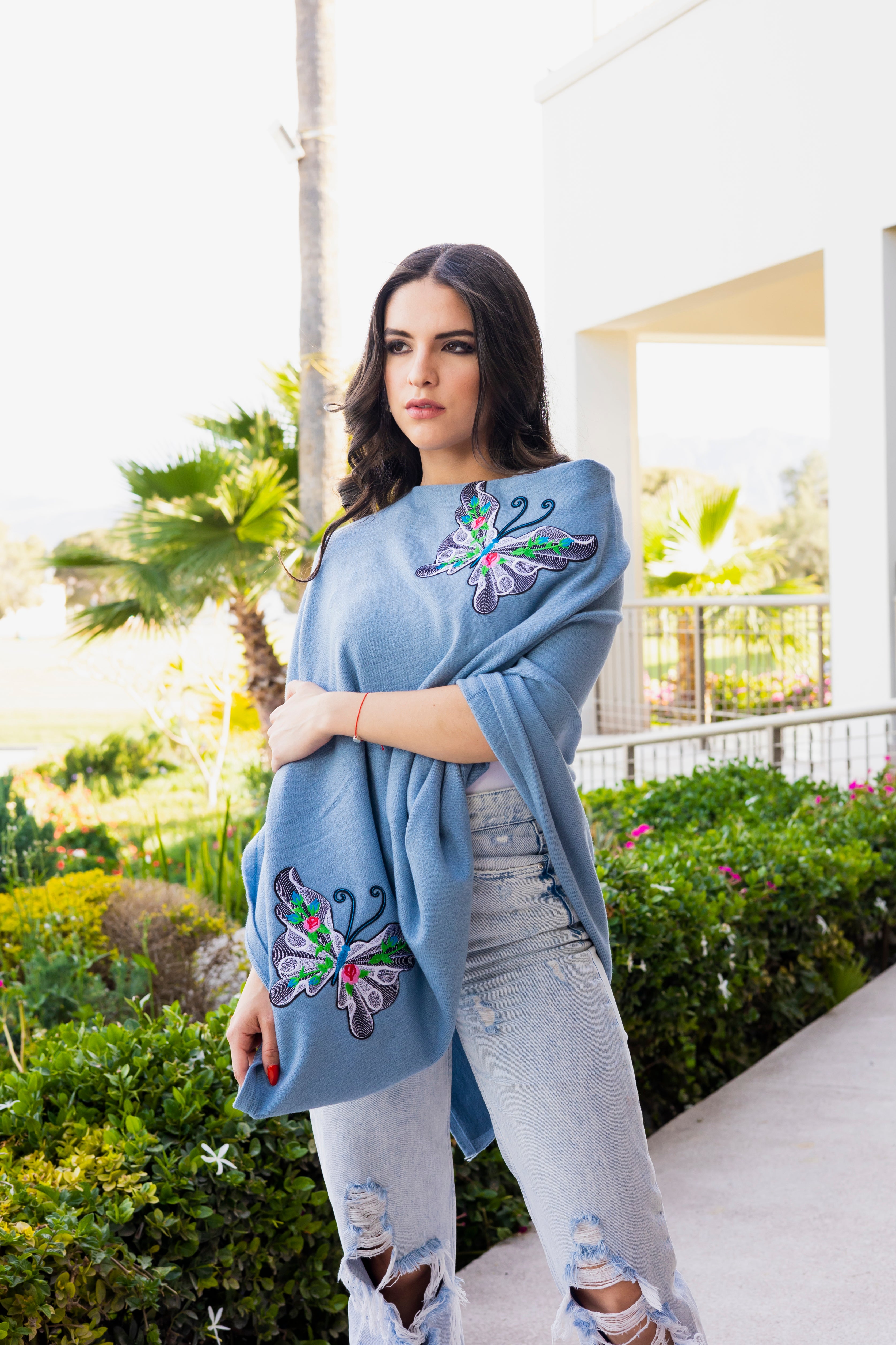 Knitted Poncho with Butterfly Embroidery - Poncho - La Fiorentina, Light Blue TNK2204_GREEN