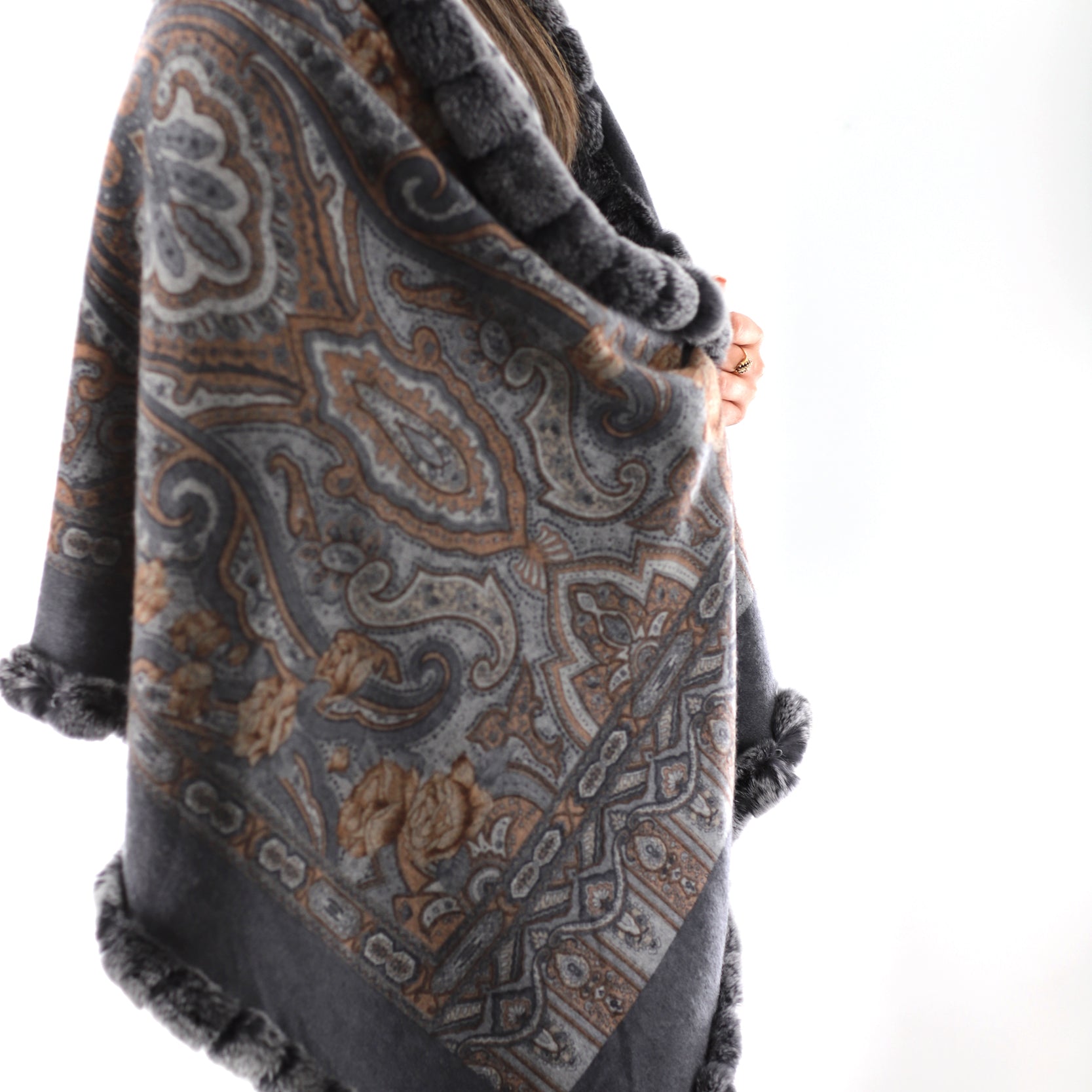 Reversible Cashmere Wrap with Rex Rabbit Trim - Grey - Clothing Accessories - La Fiorentina CASHRF-801
