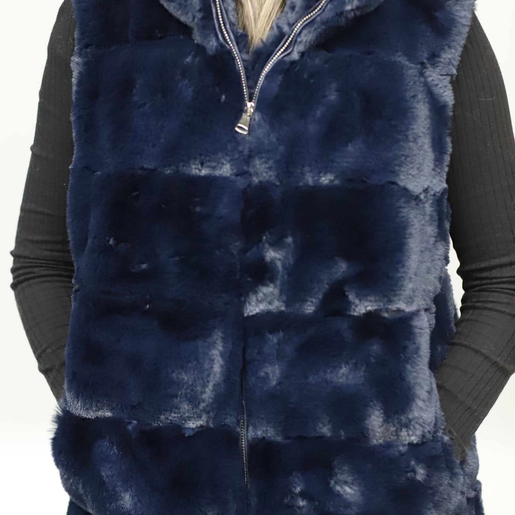 FAUX FUR HOODED VEST- NAVY - Faux Fur Vest - La Fiorentina NF2107S30