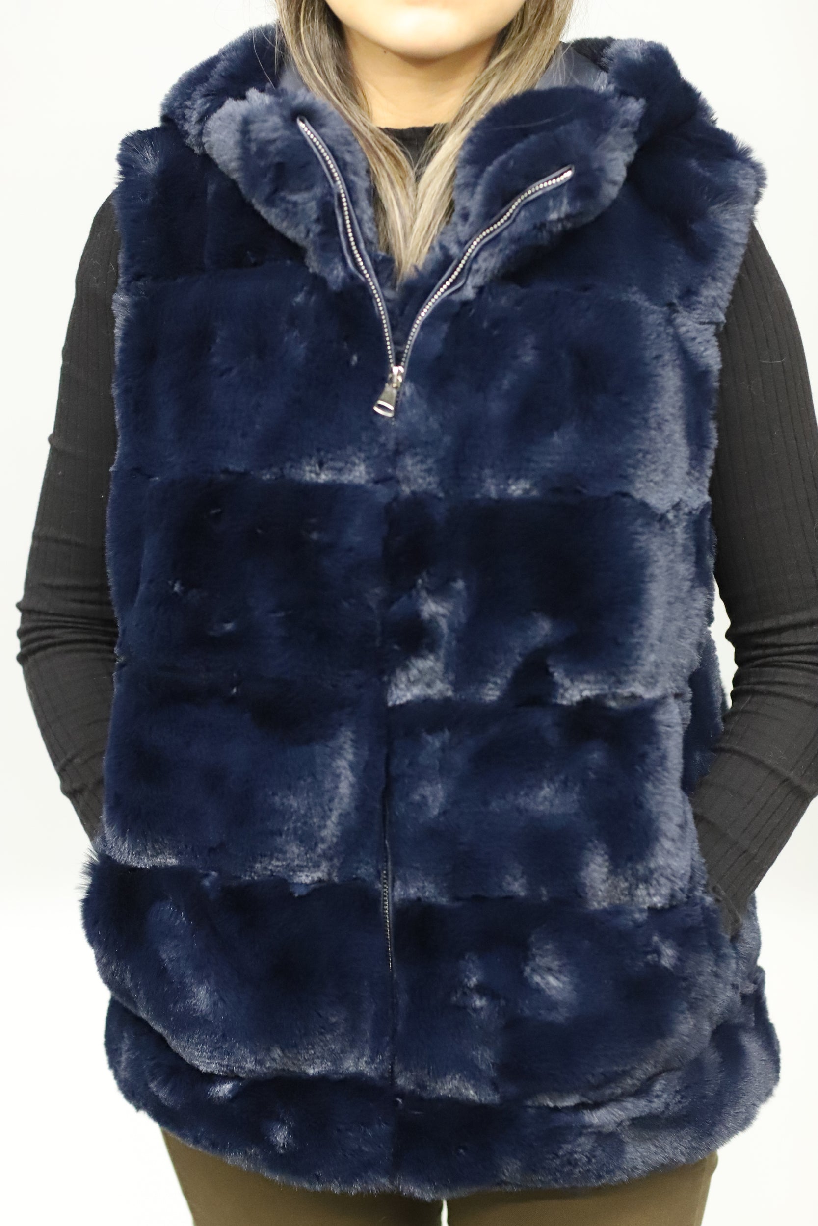 FAUX FUR HOODED VEST- NAVY - Faux Fur Vest - La Fiorentina NF2107S30