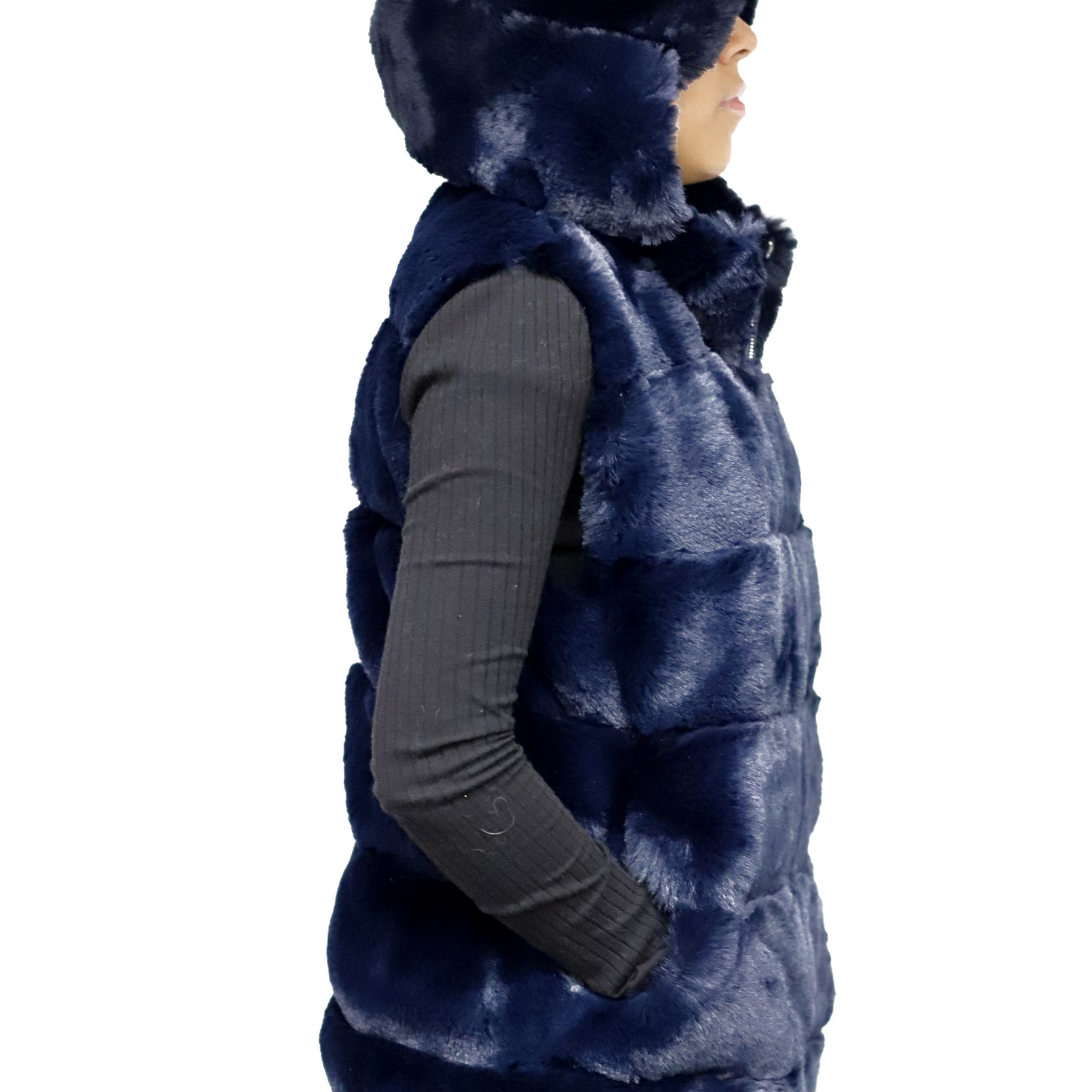 FAUX FUR HOODED VEST- NAVY - Faux Fur Vest - La Fiorentina NF2107S30