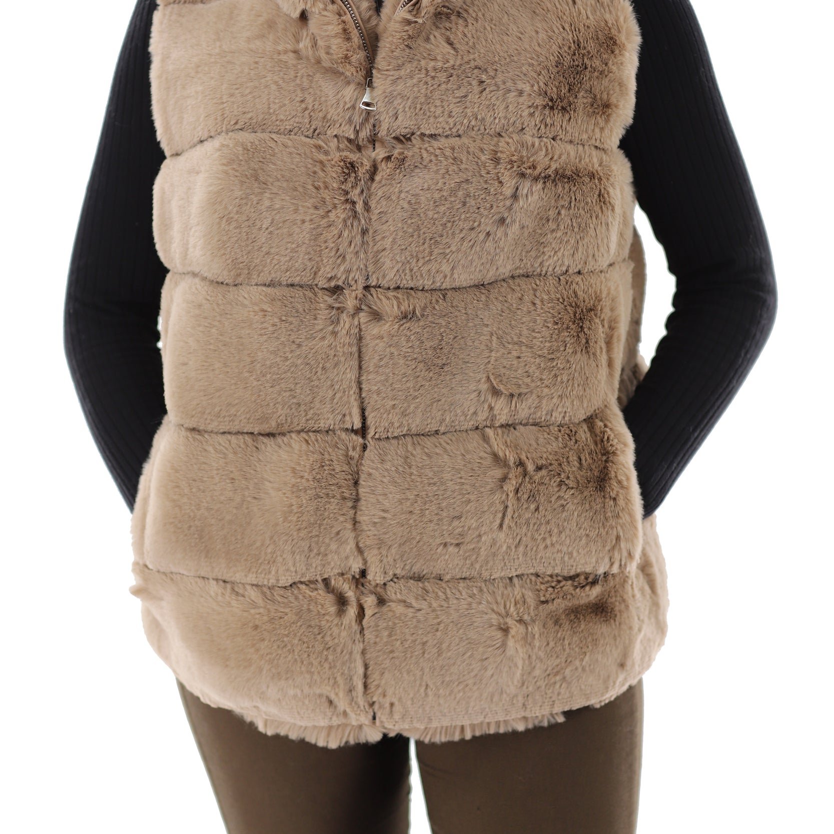 FAUX FUR HOODED VEST - CAMEL - Faux Fur Vest - La Fiorentina NF2107S30
