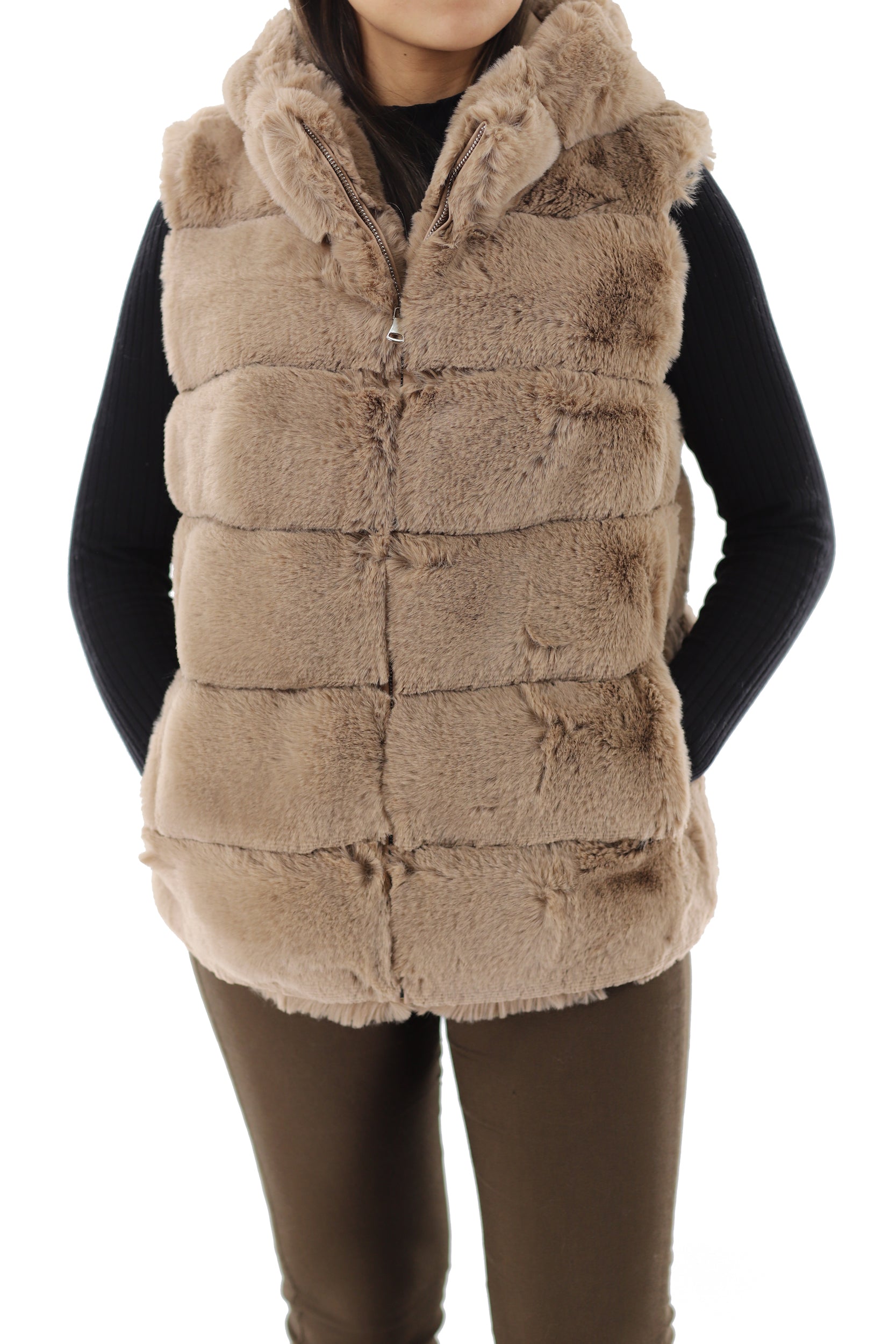 FAUX FUR HOODED VEST - CAMEL - Faux Fur Vest - La Fiorentina NF2107S30