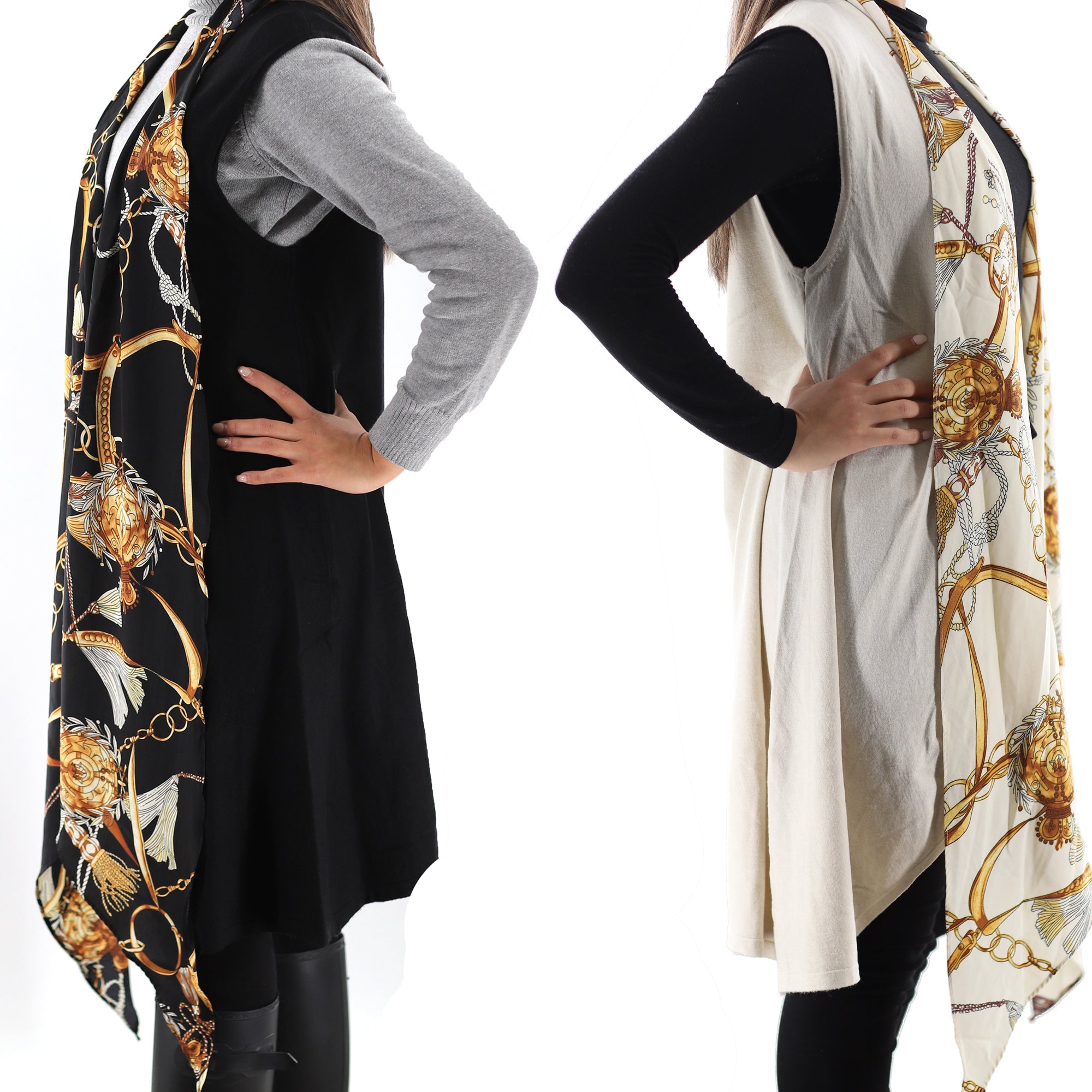 La Fiorentina Knitted Sleeveless Cardigan with Chain Print - Cardigan - La Fiorentina, Black , Ivory TNS2102_BLACK