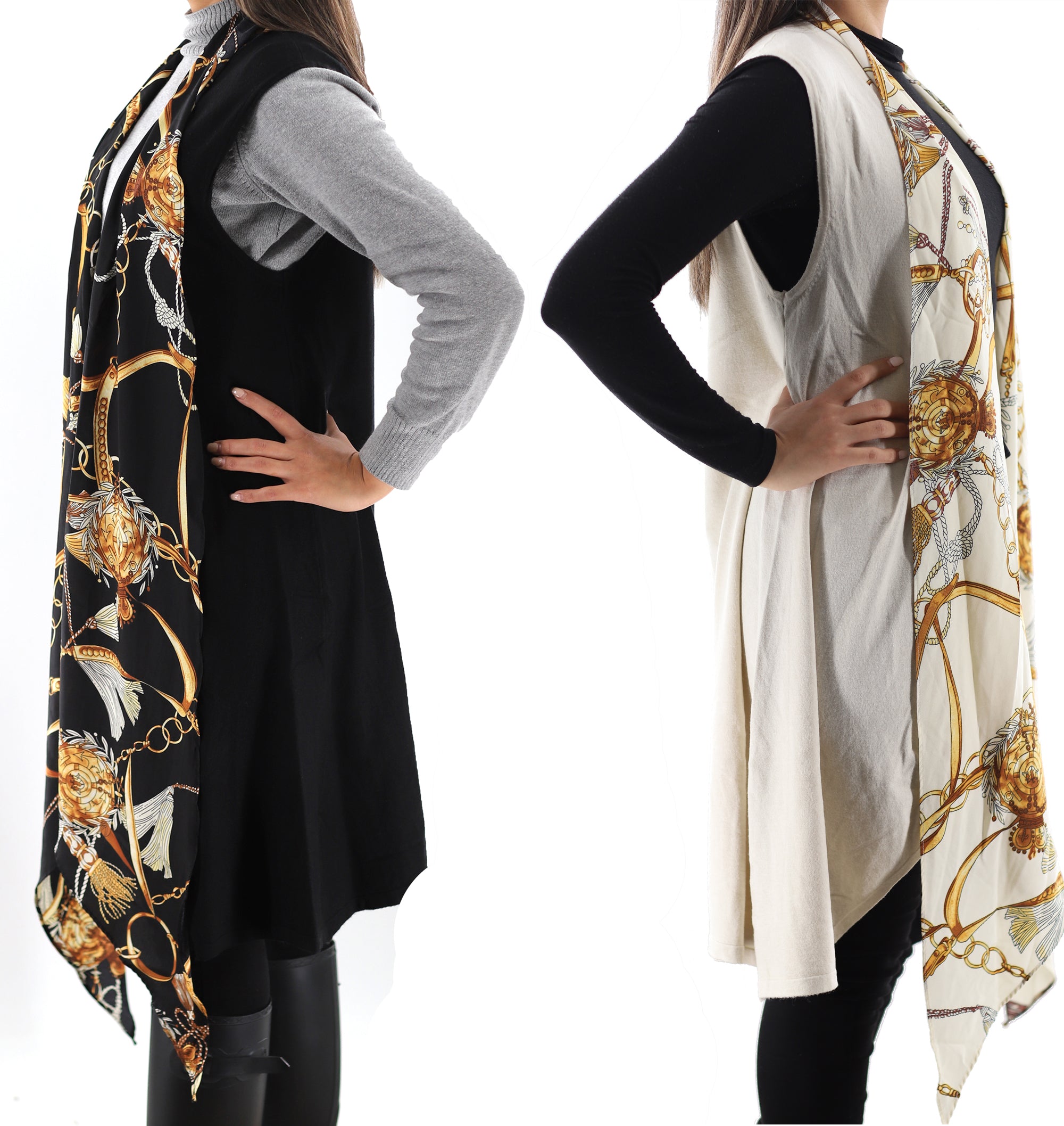 La Fiorentina Knitted Sleeveless Cardigan with Chain Print - Cardigan - La Fiorentina, Black , Ivory TNS2102_BLACK