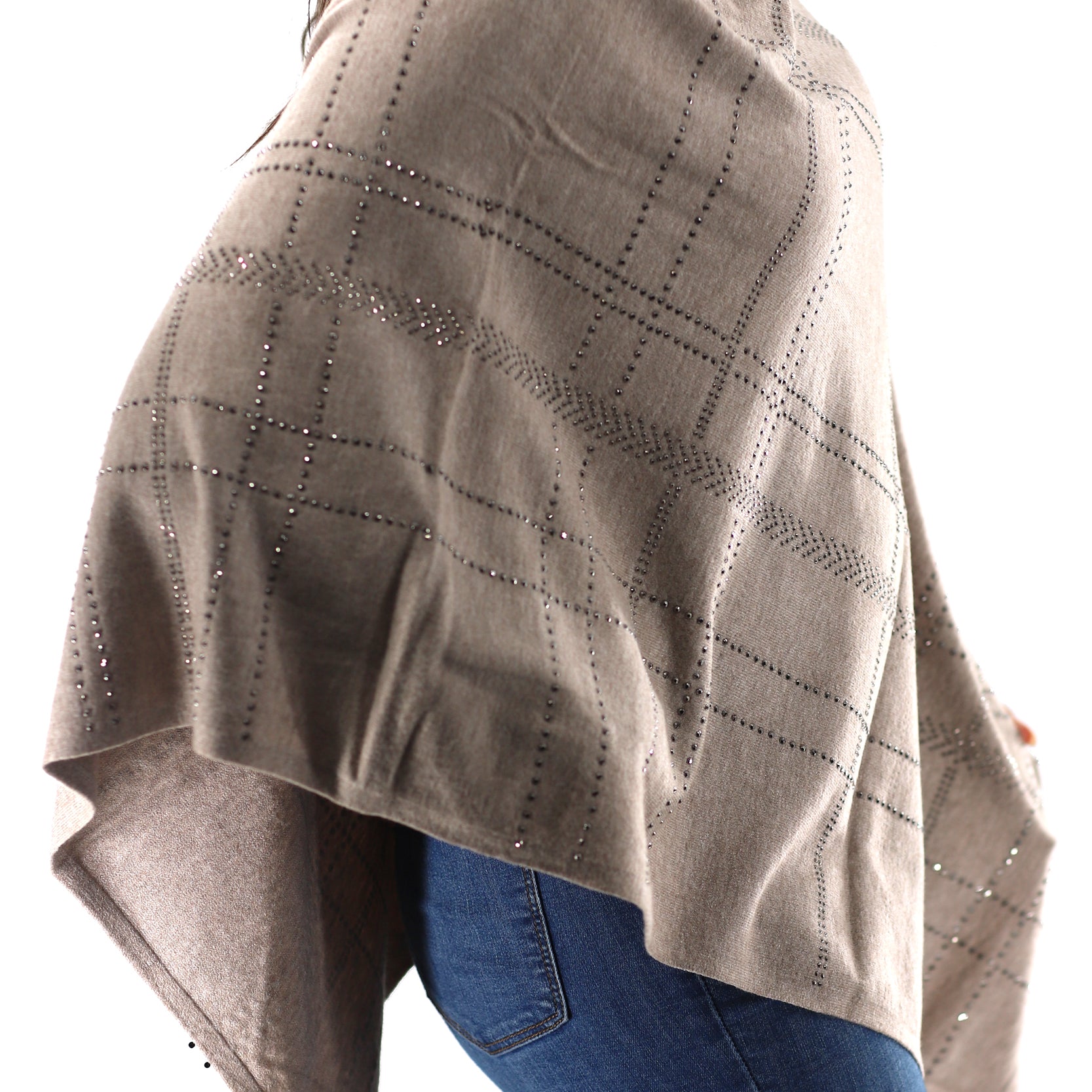Lightweight Knitted Poncho with Embellishments - Poncho - La Fiorentina,Oatmeal BE811-S_oatmeal
