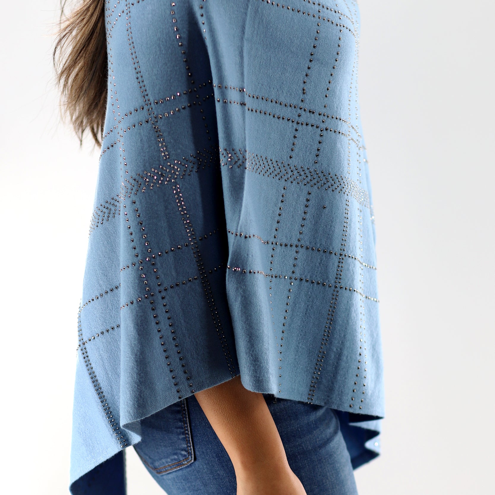 Lightweight Knitted Poncho with Embellishments - Poncho - La Fiorentina,Blue BE811-S_blue