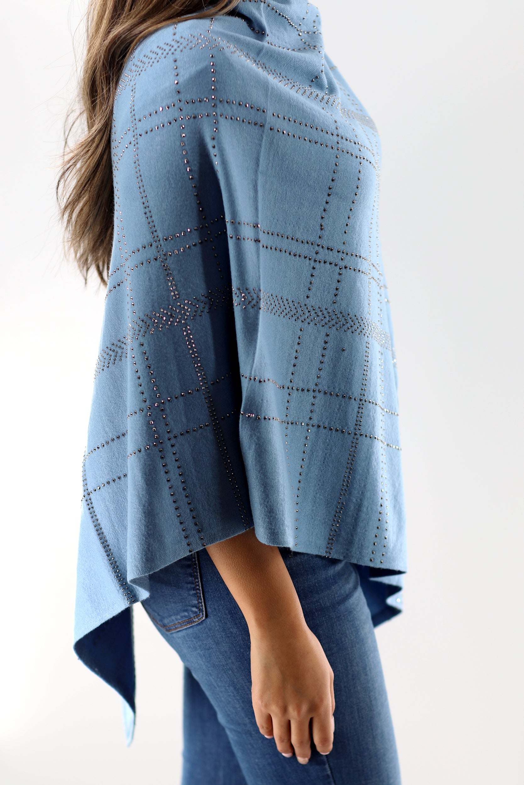 Lightweight Knitted Poncho with Embellishments - Poncho - La Fiorentina,Blue BE811-S_blue