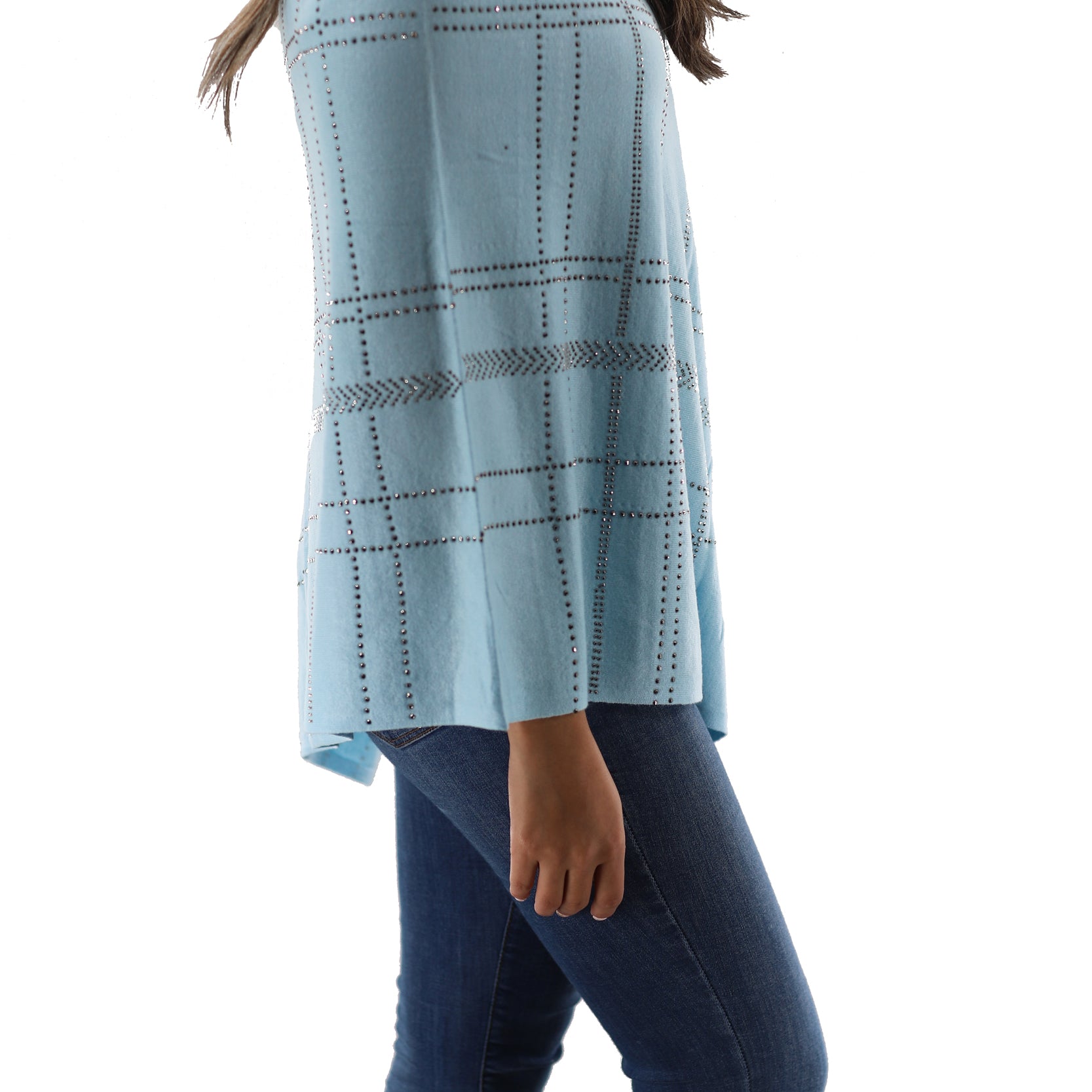 Lightweight Knitted Poncho with Embellishments - Poncho - La Fiorentina,Light Blue BE811-S_lightblue