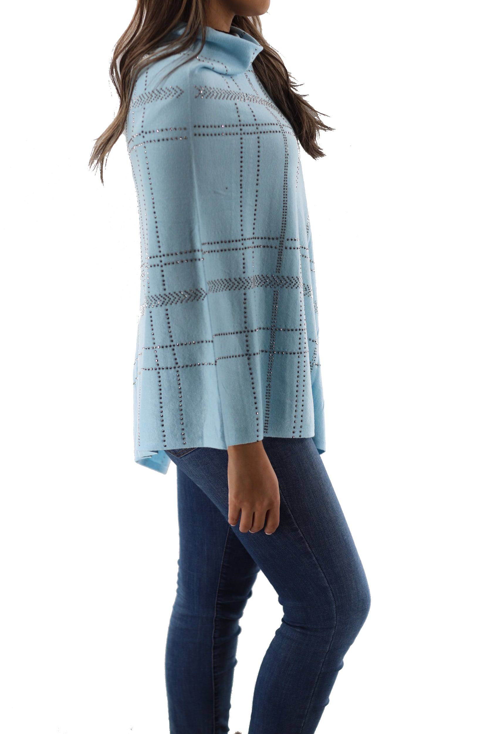 Lightweight Knitted Poncho with Embellishments - Poncho - La Fiorentina,Light Blue BE811-S_lightblue