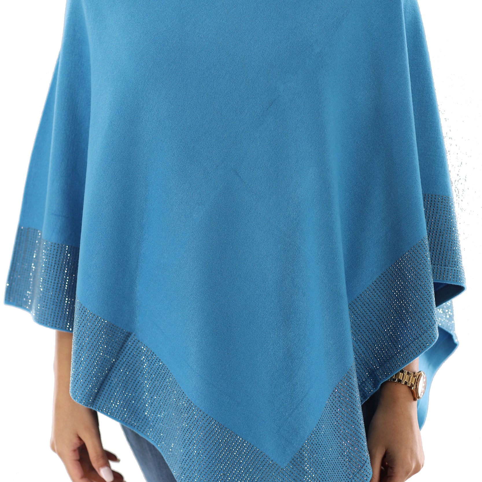 Lightweight Knitted Poncho with Embellished Border - Multiple Colors - Poncho - La Fiorentina,Blue BE805_BLUE