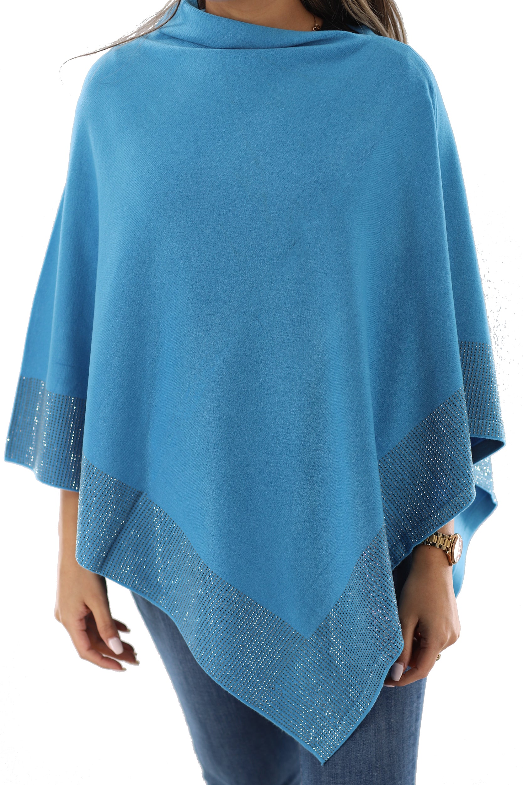 Lightweight Knitted Poncho with Embellished Border - Multiple Colors - Poncho - La Fiorentina,Blue BE805_BLUE