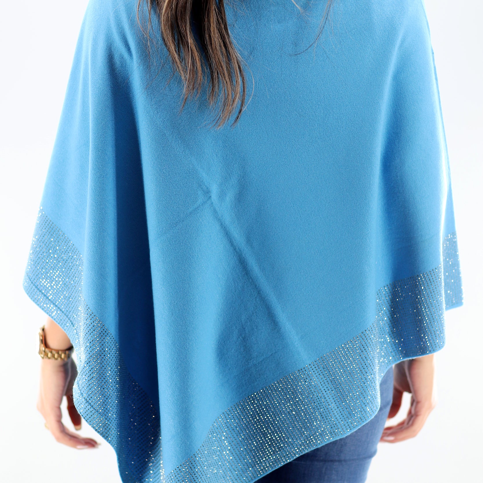 Lightweight Knitted Poncho with Embellished Border - Multiple Colors - Poncho - La Fiorentina,Blue BE805_BLUE