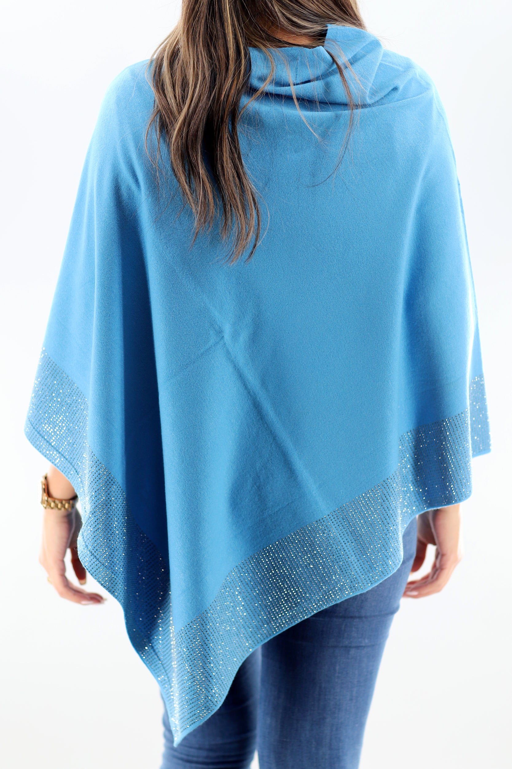 Lightweight Knitted Poncho with Embellished Border - Multiple Colors - Poncho - La Fiorentina,Blue BE805_BLUE