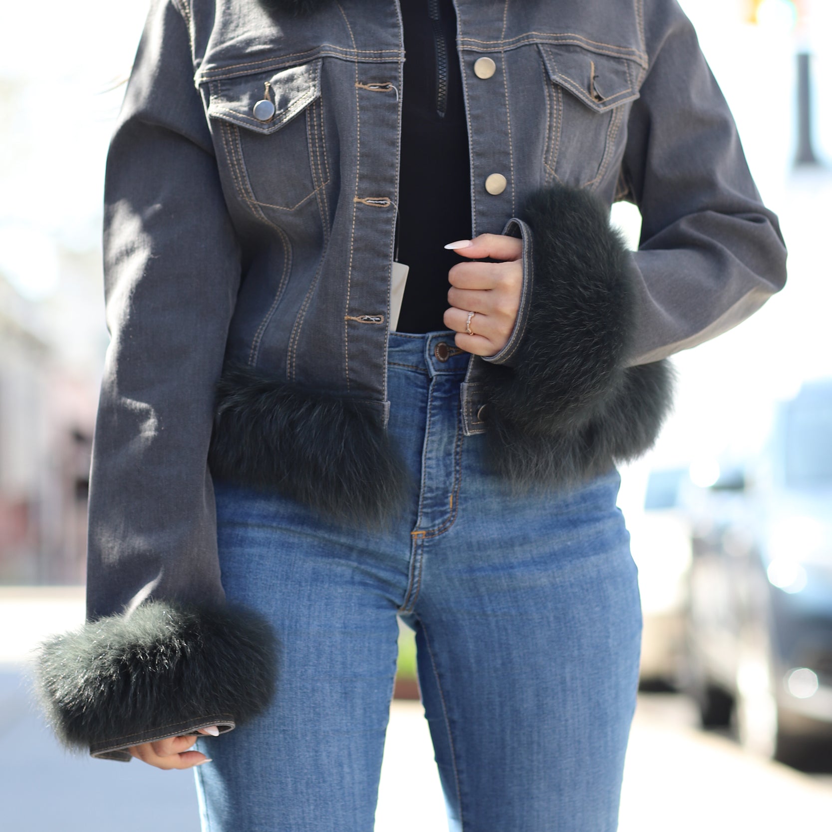 Fox Fur Denim Jacket - Black/Grey - Coats & Jackets - La Fiorentina JJ01RC