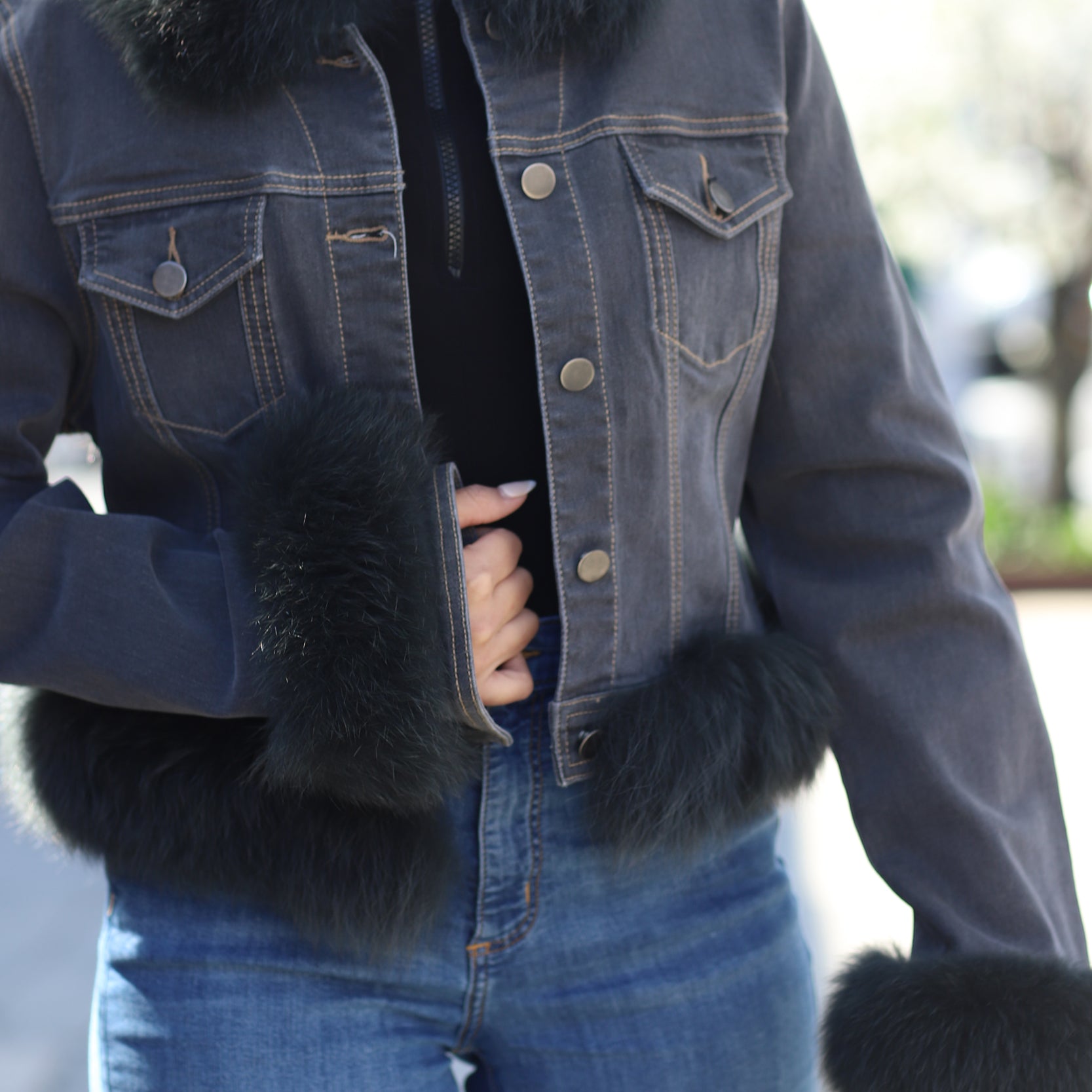 Fox Fur Denim Jacket - Black/Grey - Coats & Jackets - La Fiorentina JJ01RC