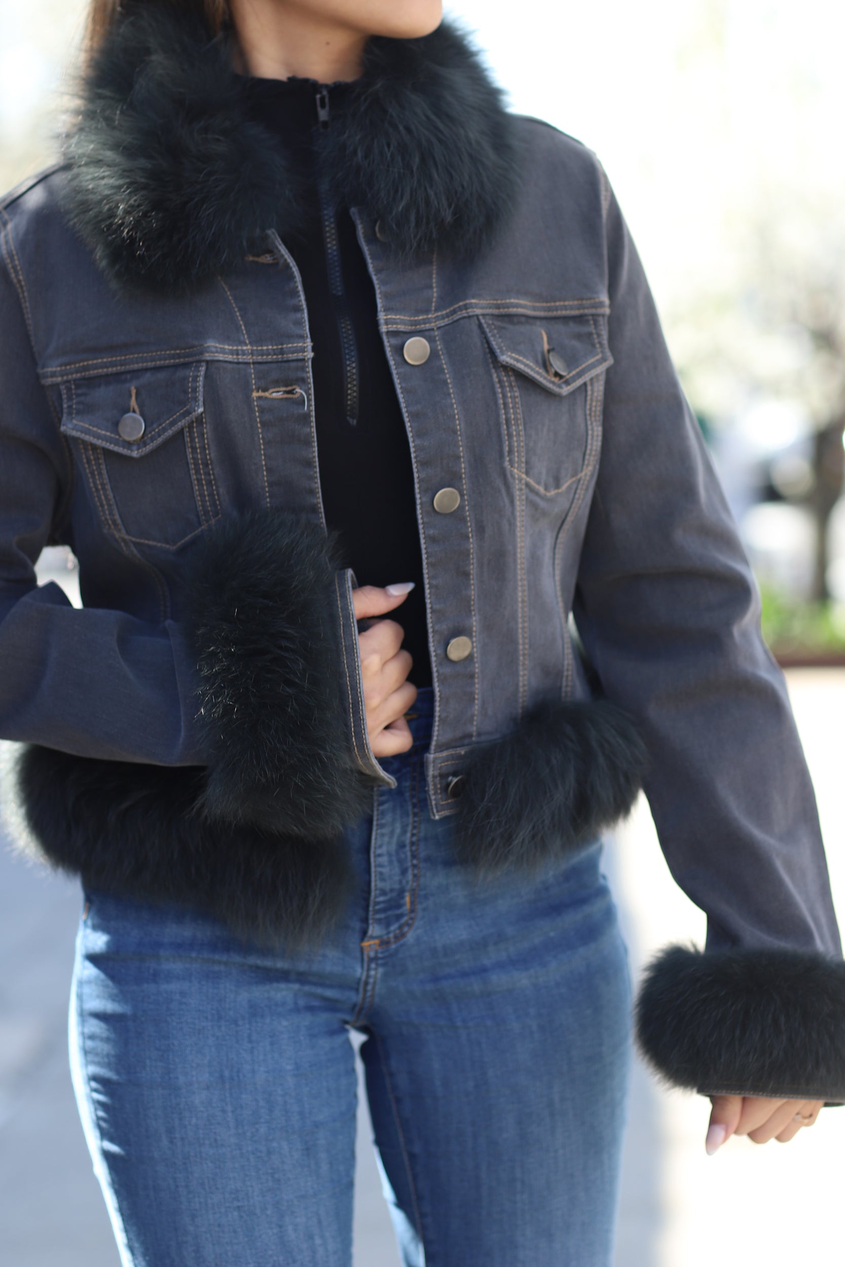 Fox Fur Denim Jacket - Black/Grey - Coats & Jackets - La Fiorentina JJ01RC