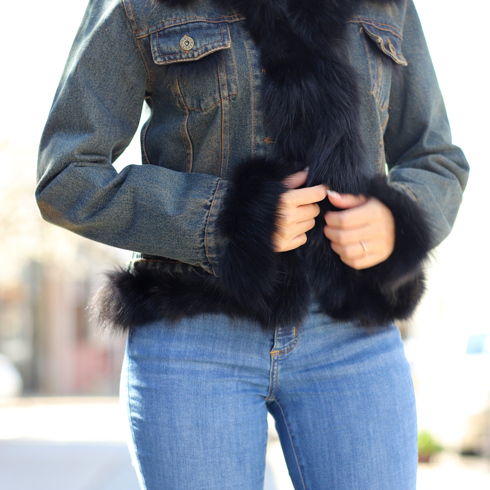 Denim Jacket with Fox Fur Trim - Natural/Black - Coats & Jackets - La Fiorentina JJ41T-black_trim