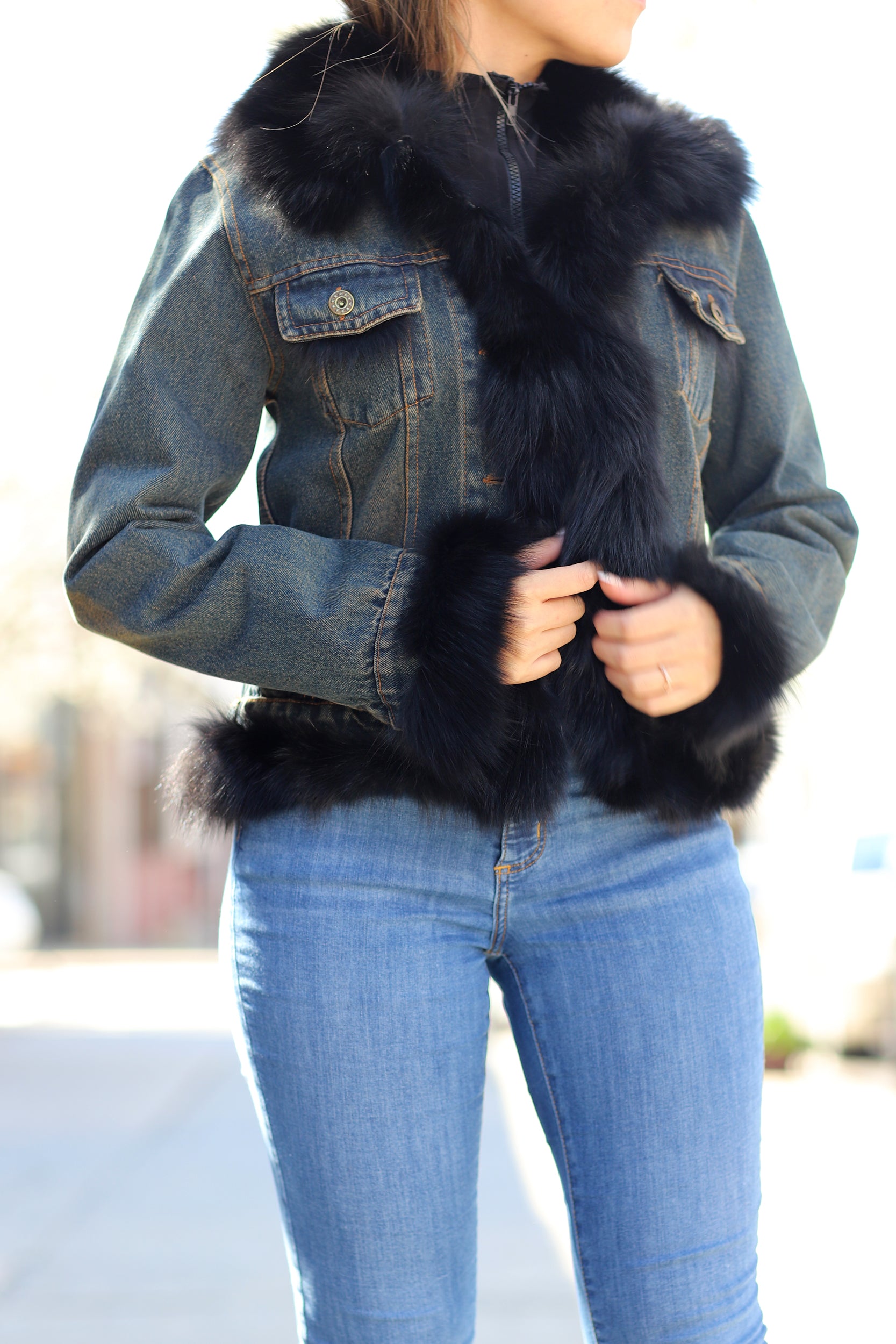 Denim Jacket with Fox Fur Trim - Natural/Black - Coats & Jackets - La Fiorentina JJ41T-black_trim