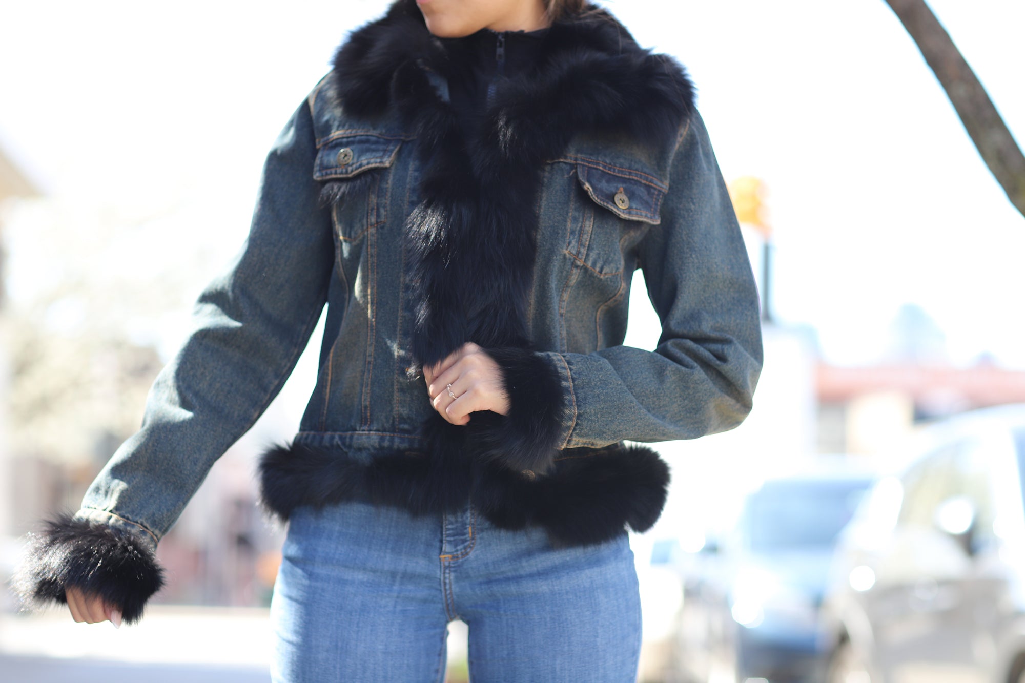 Denim Jacket with Fox Fur Trim - Natural/Black - Coats & Jackets - La Fiorentina JJ41T-black_trim