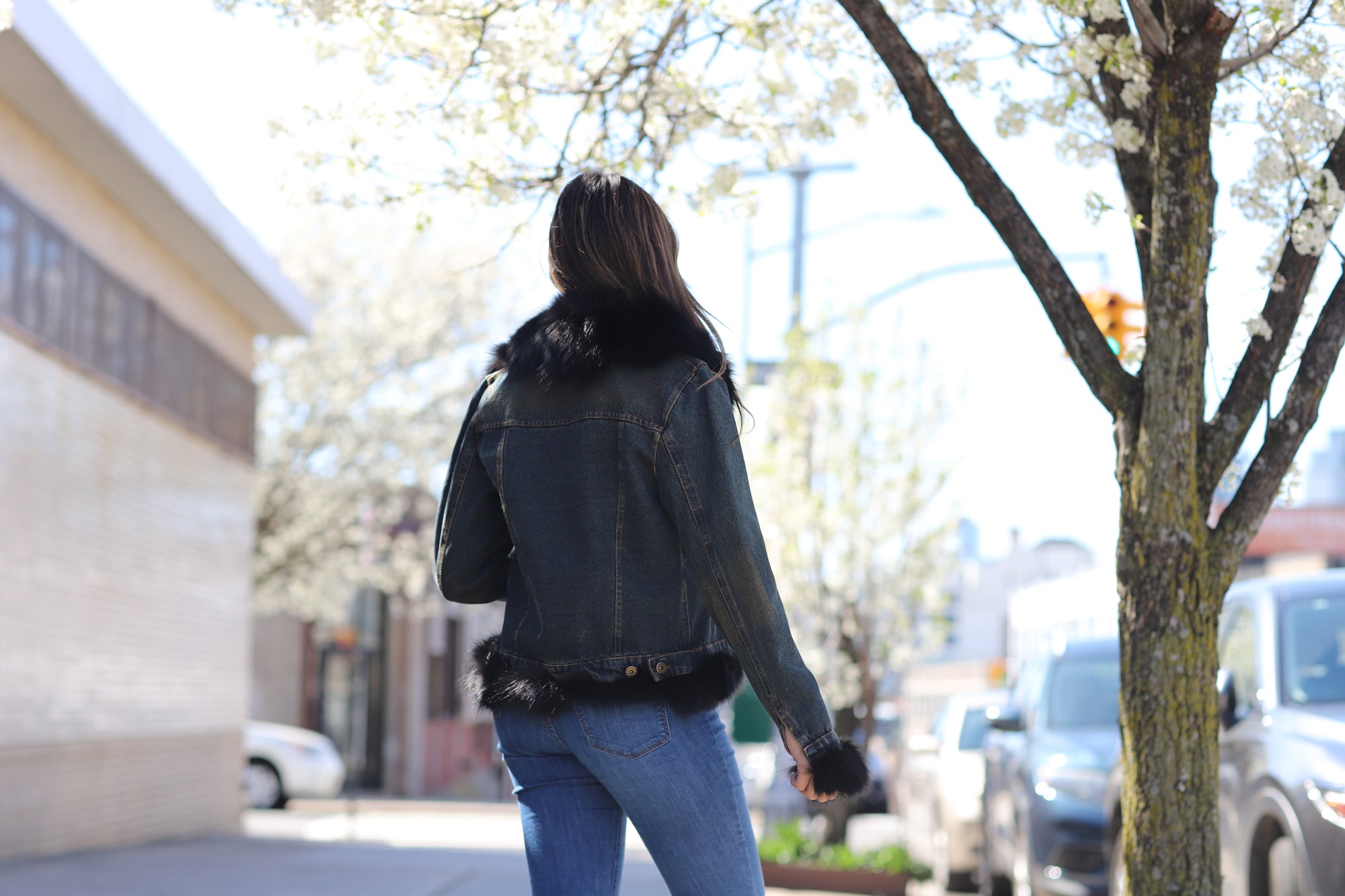 Denim Jacket with Fox Fur Trim - Natural/Black - Coats & Jackets - La Fiorentina JJ41T-black_trim