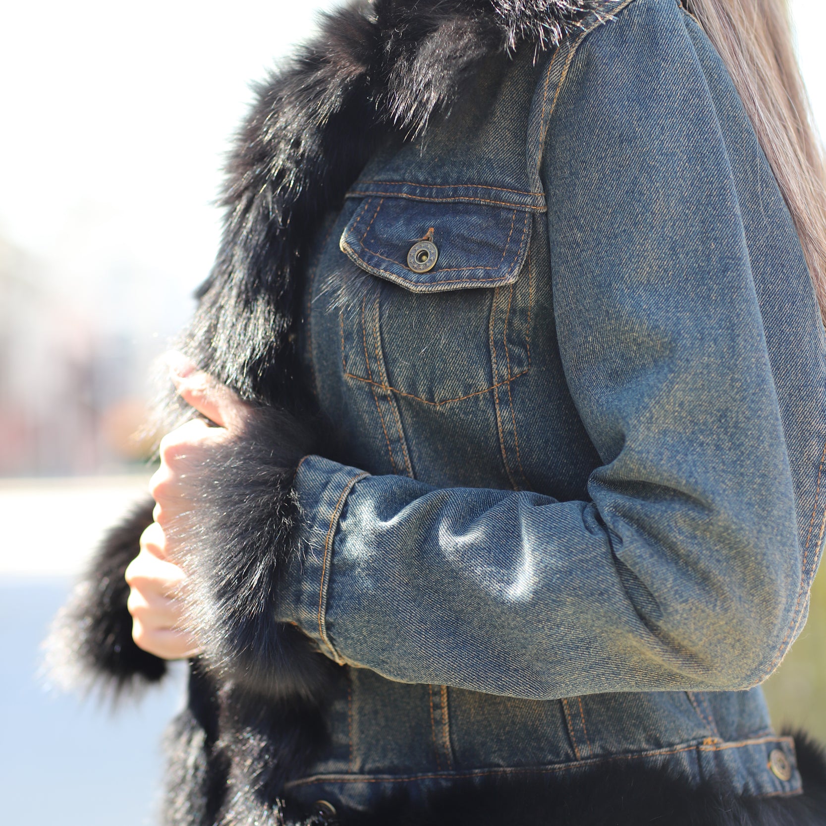 Denim Jacket with Fox Fur Trim - Natural/Black - Coats & Jackets - La Fiorentina JJ41T-black_trim