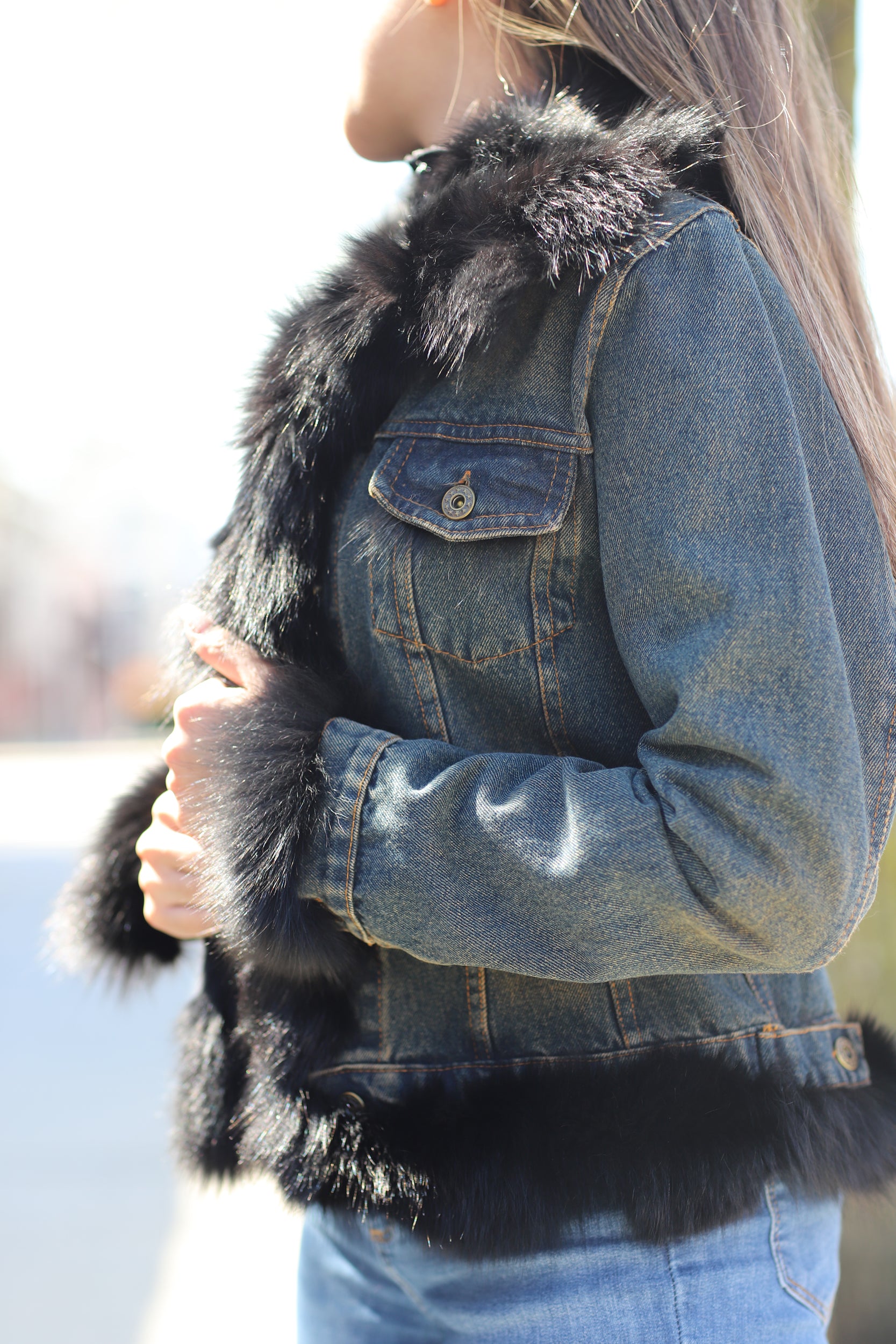 Denim Jacket with Fox Fur Trim - Natural/Black - Coats & Jackets - La Fiorentina JJ41T-black_trim