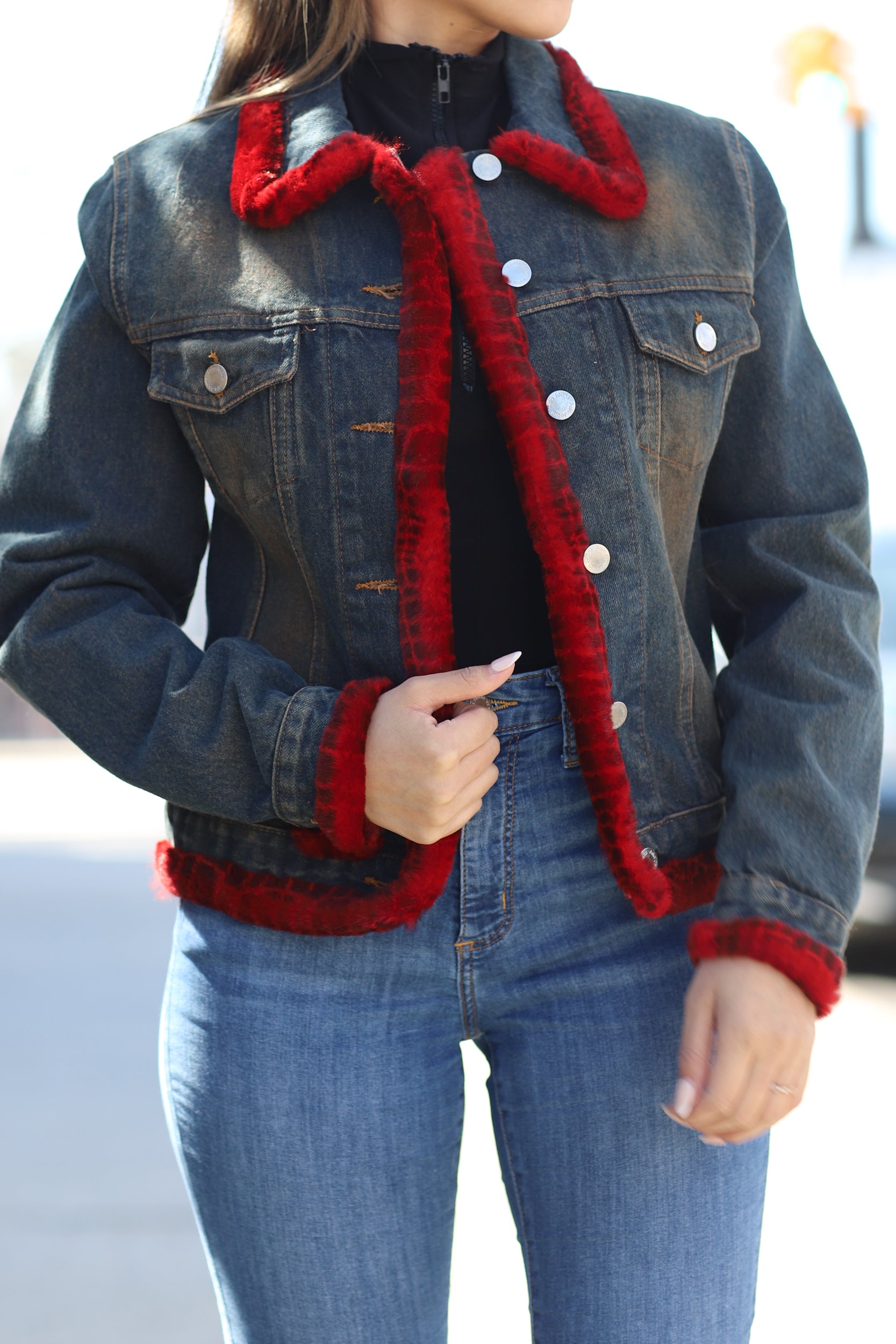 Denim Jacket with Red Fur Trim - Natural/Red – La Fiorentina