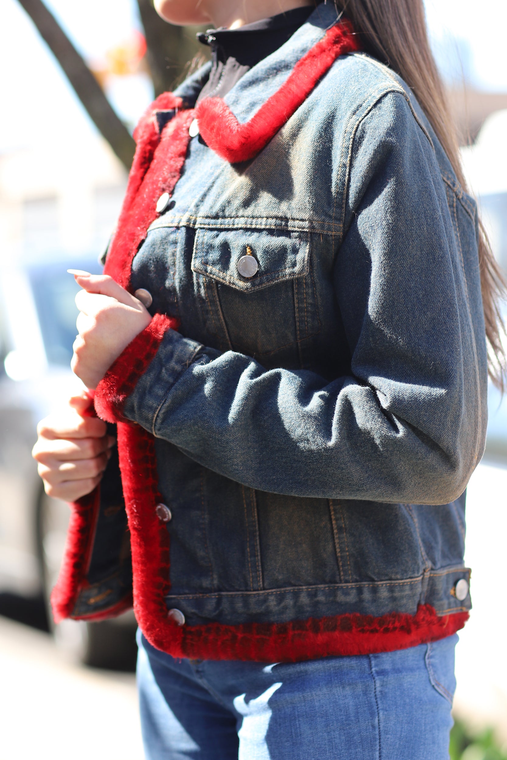 Denim Jacket with Red Fur Trim - Natural/Red - Coats & Jackets - La Fiorentina JJ42T