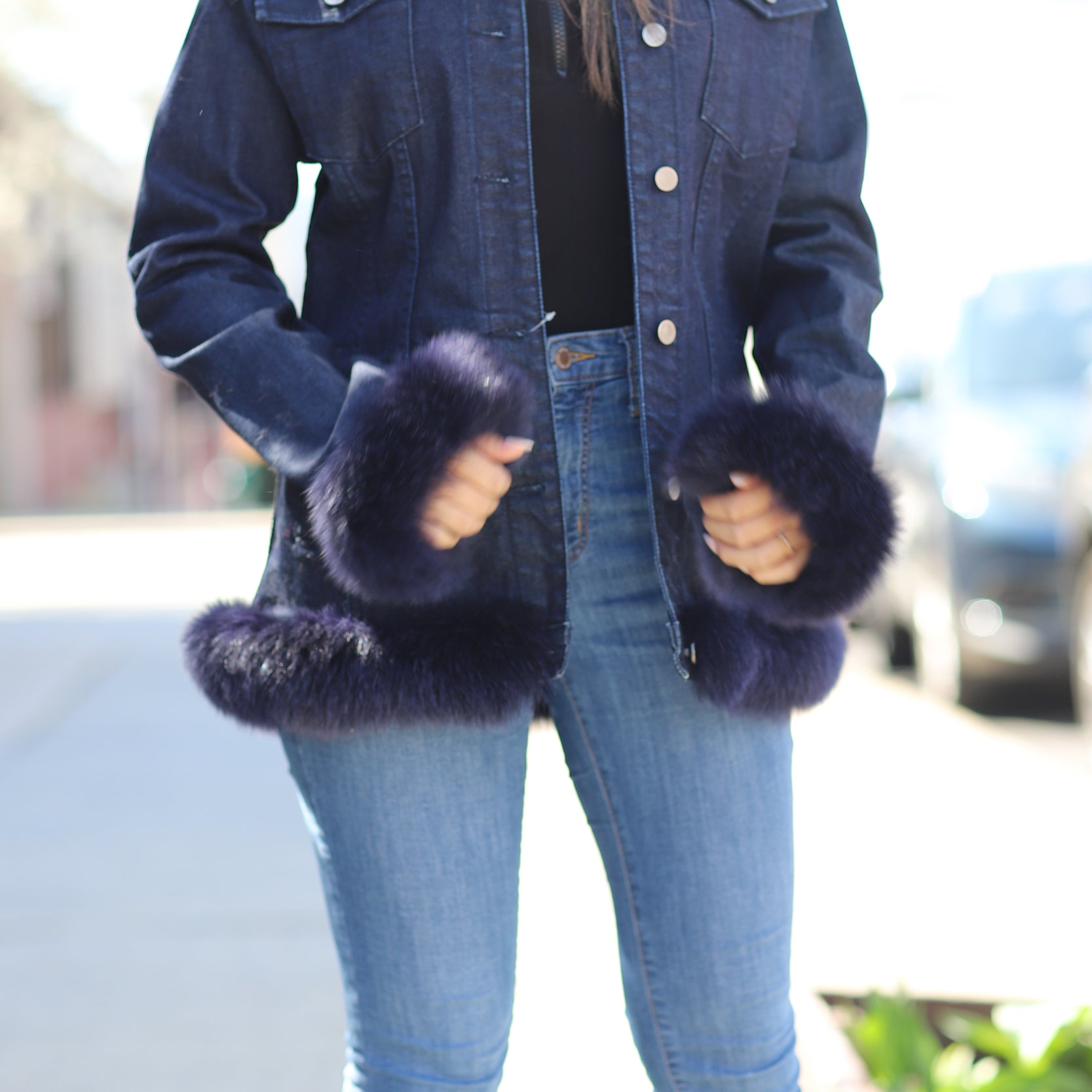 Blue Denim Jacket w/ Fox Fur Trim - Blue/Natural - Coats & Jackets - La Fiorentina JEAN1702