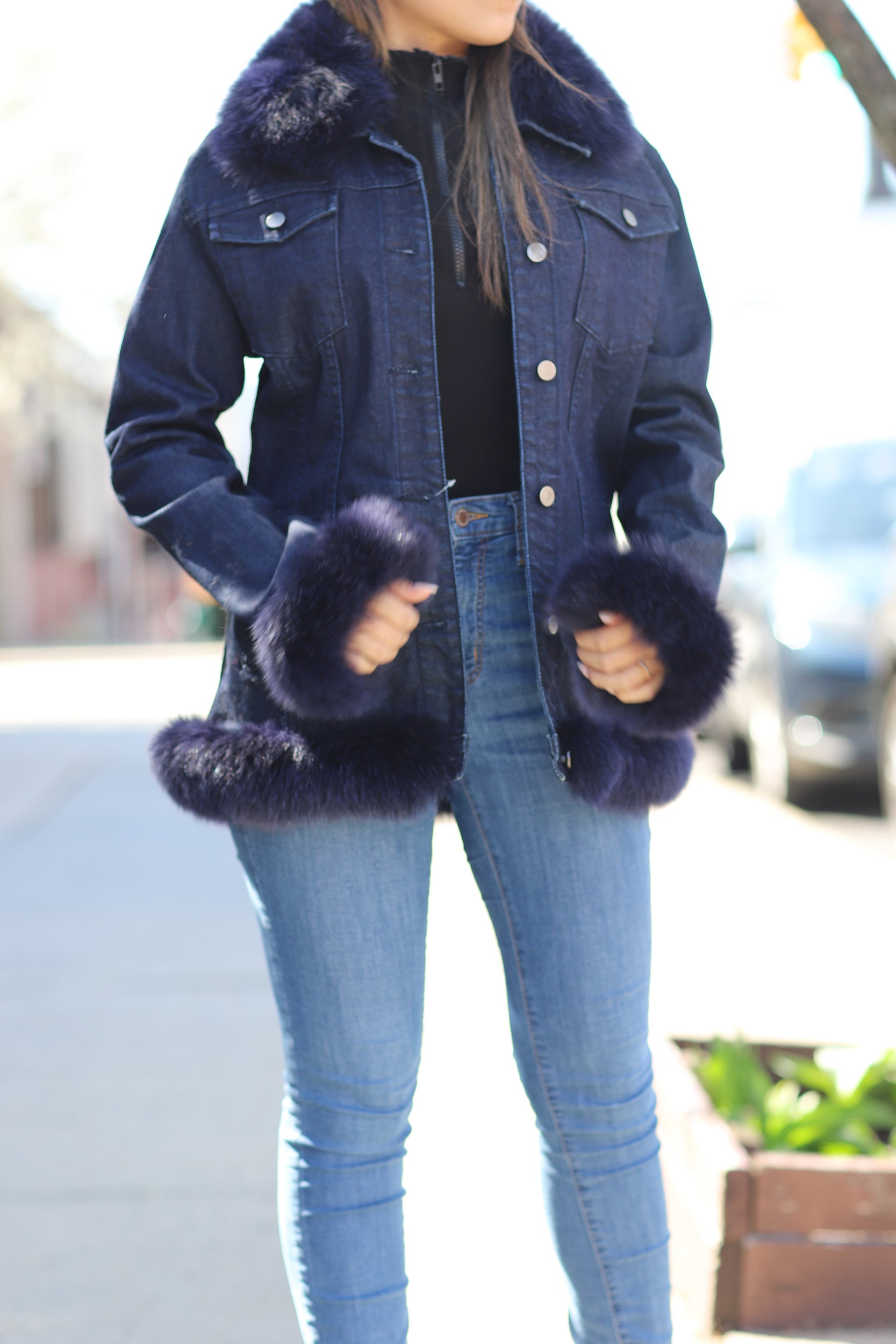 Blue Denim Jacket w/ Fox Fur Trim - Blue/Natural - Coats & Jackets - La Fiorentina JEAN1702