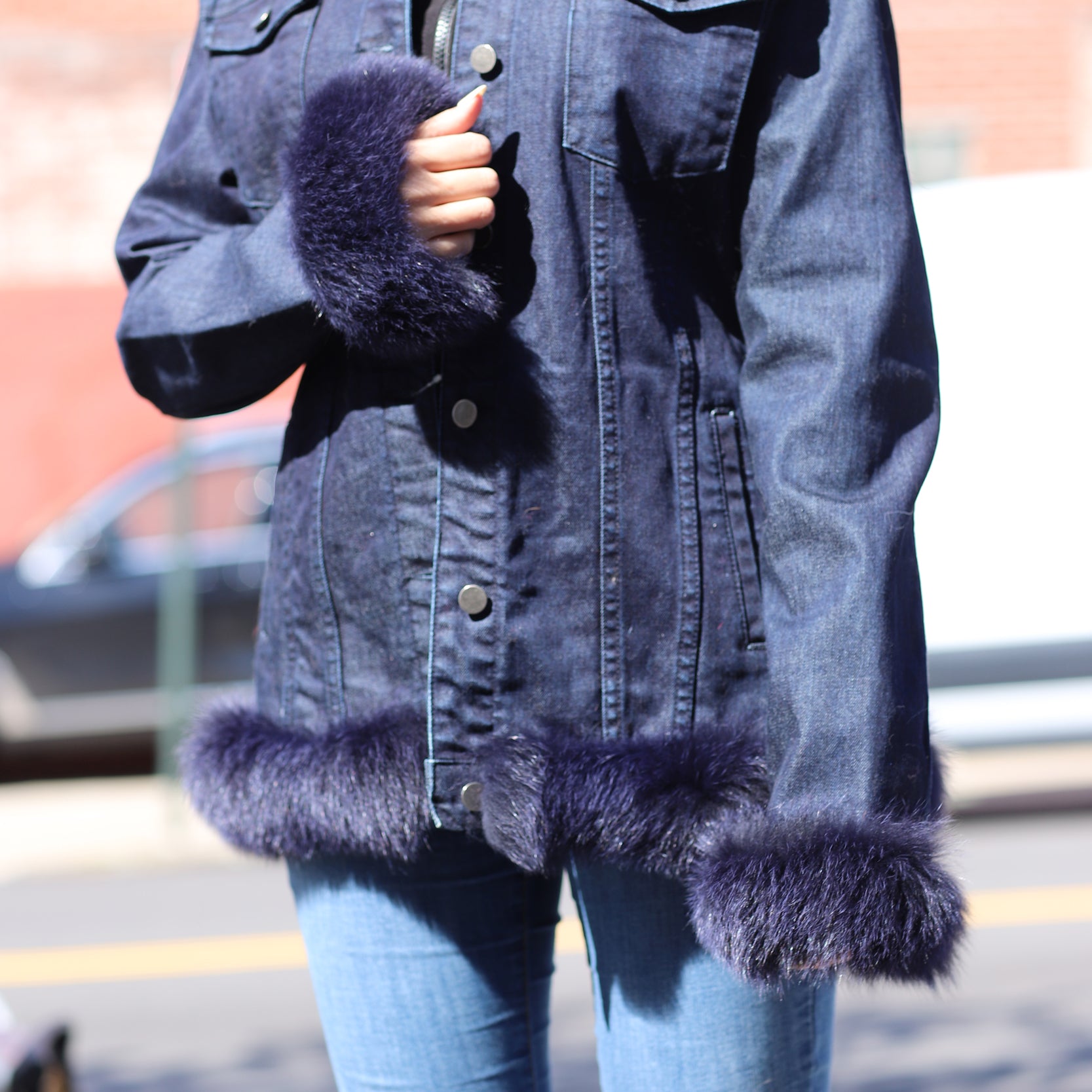 Blue Denim Jacket w/ Fox Fur Trim - Blue/Natural - Coats & Jackets - La Fiorentina JEAN1702