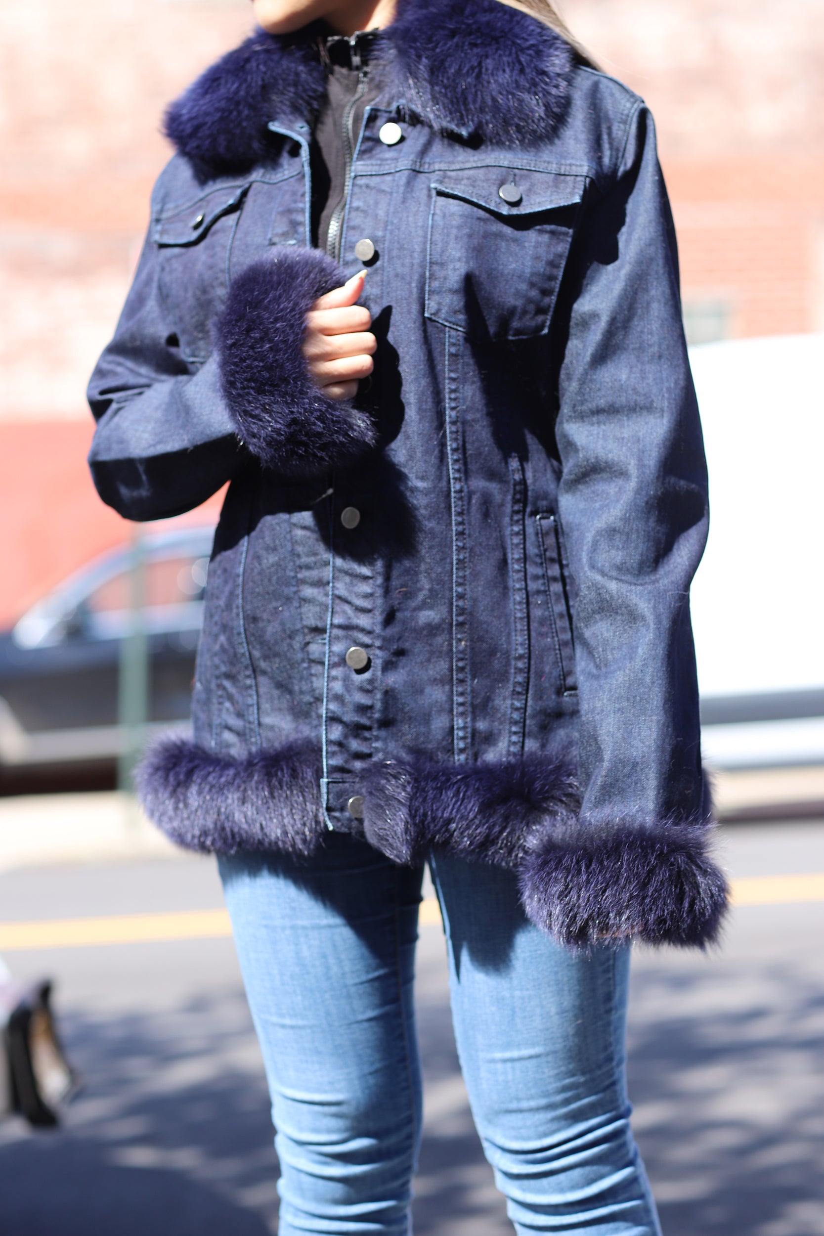 Blue Denim Jacket w/ Fox Fur Trim - Blue/Natural - Coats & Jackets - La Fiorentina JEAN1702