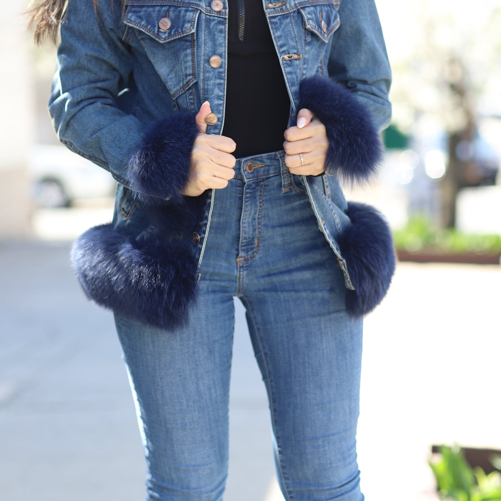 Denim Jacket with Blue Fox Fur Trim - Natural - Coats & Jackets - La Fiorentina JEA-01
