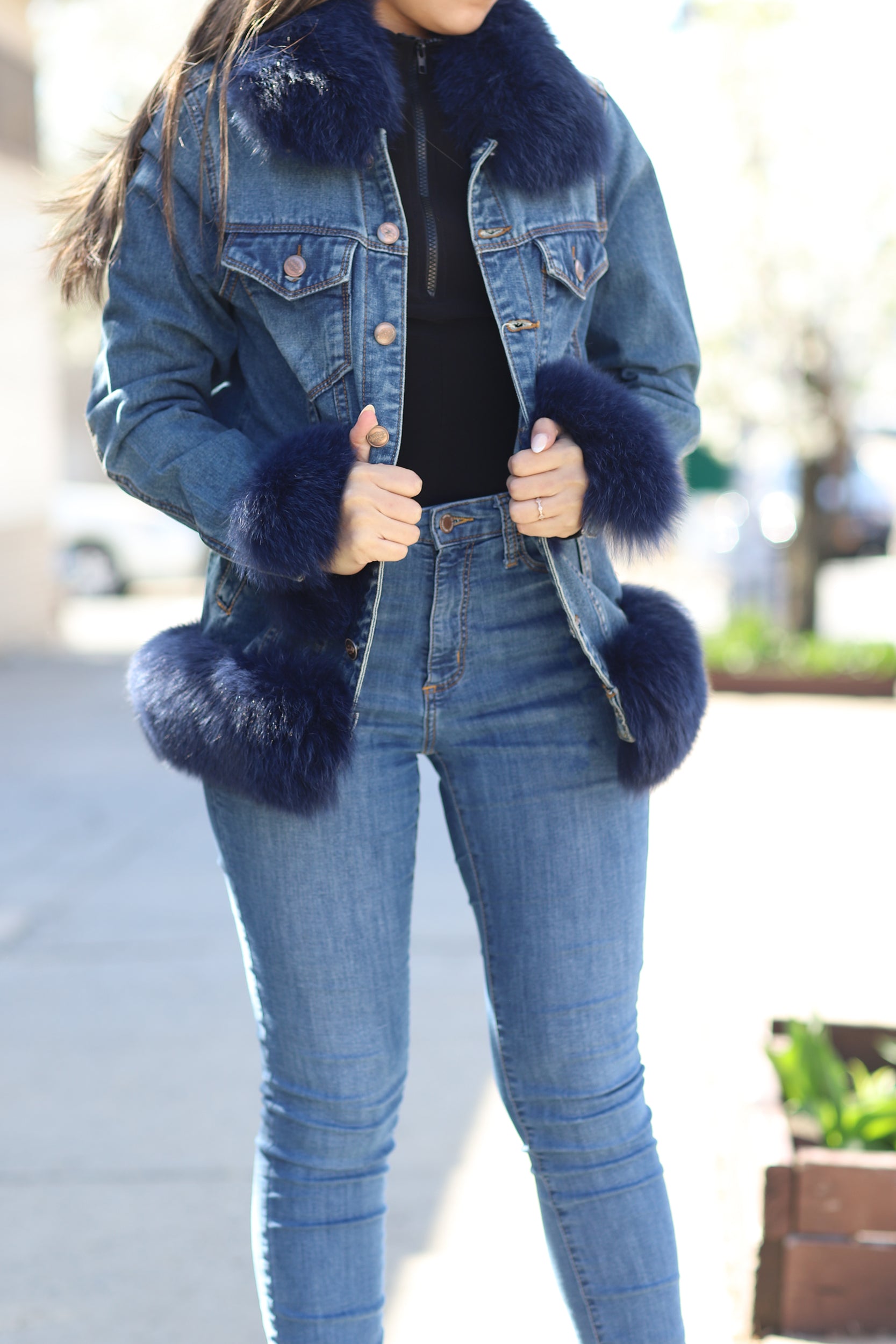 Denim Jacket with Blue Fox Fur Trim - Natural - Coats & Jackets - La Fiorentina JEA-01