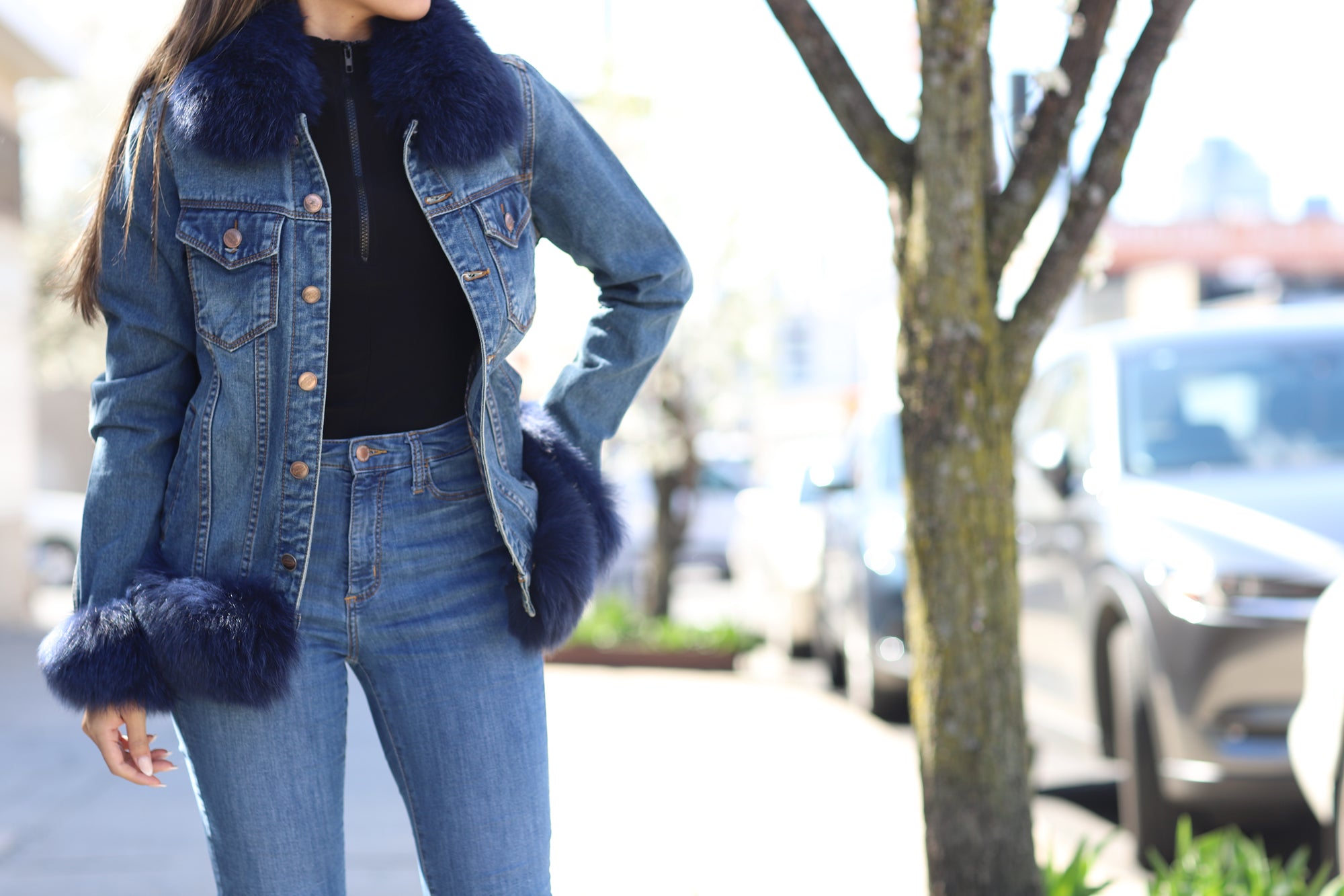 Denim Jacket with Blue Fox Fur Trim - Natural - Coats & Jackets - La Fiorentina JEA-01