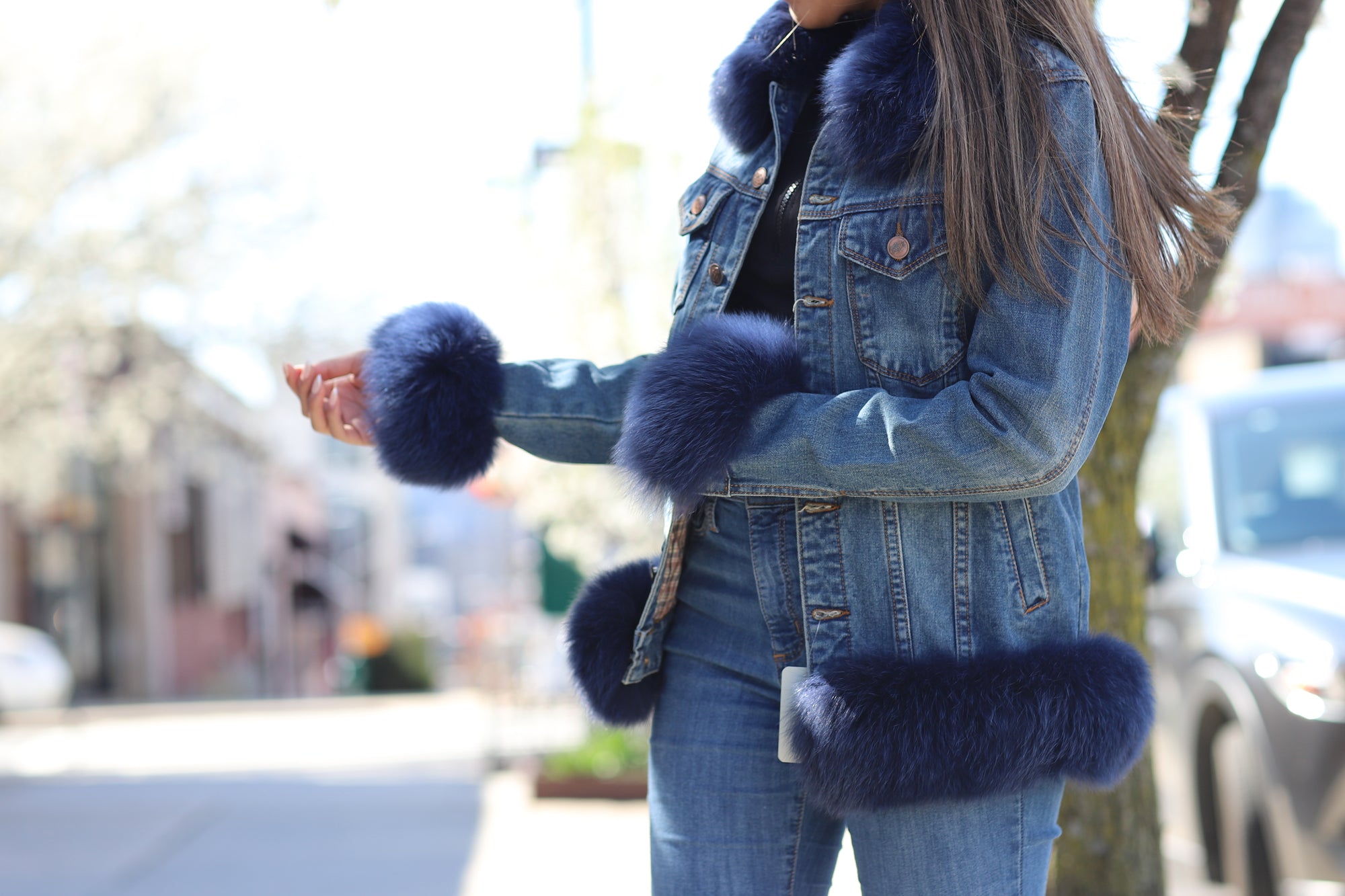 Denim Jacket with Blue Fox Fur Trim - Natural - Coats & Jackets - La Fiorentina JEA-01