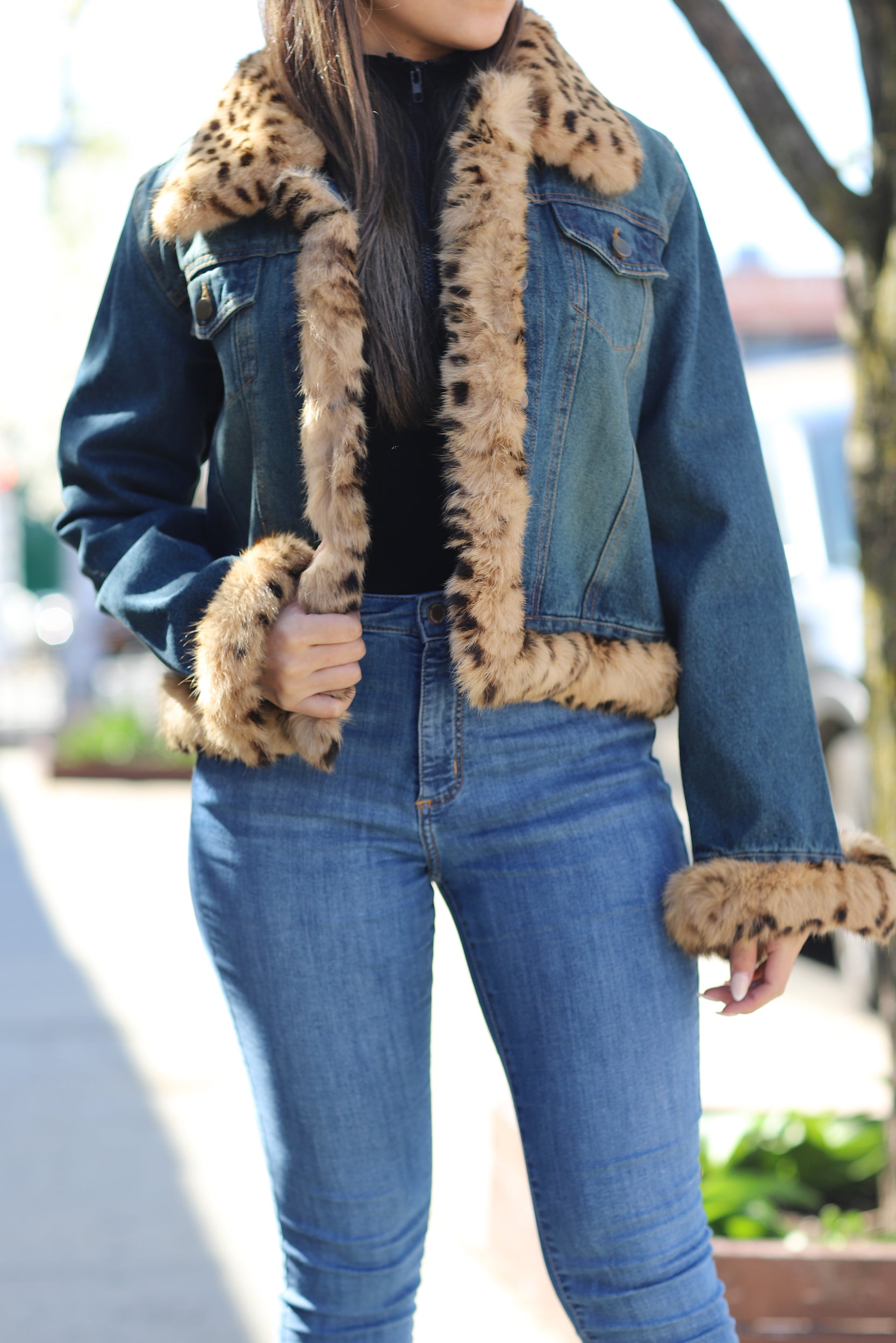 Vintage Denim Jacket with Fur Trimmed Border - Natural - Coats & Jackets - La Fiorentina JJ41T