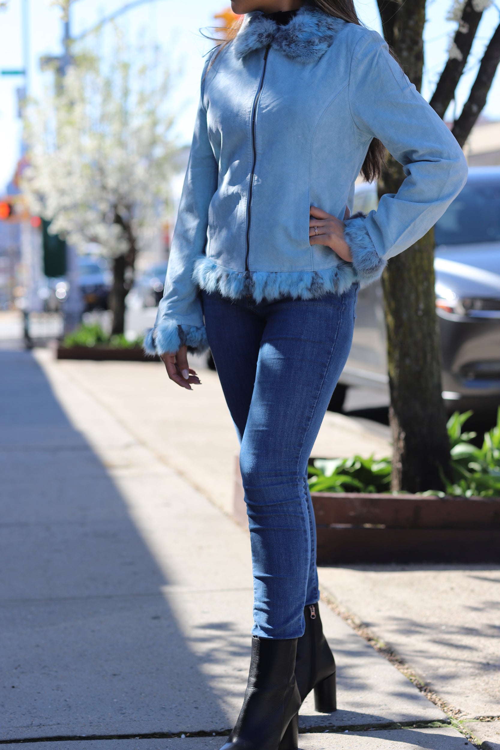 Suede Leather with Fur Trim - Blue - Coats & Jackets - La Fiorentina SJRT-BLUE